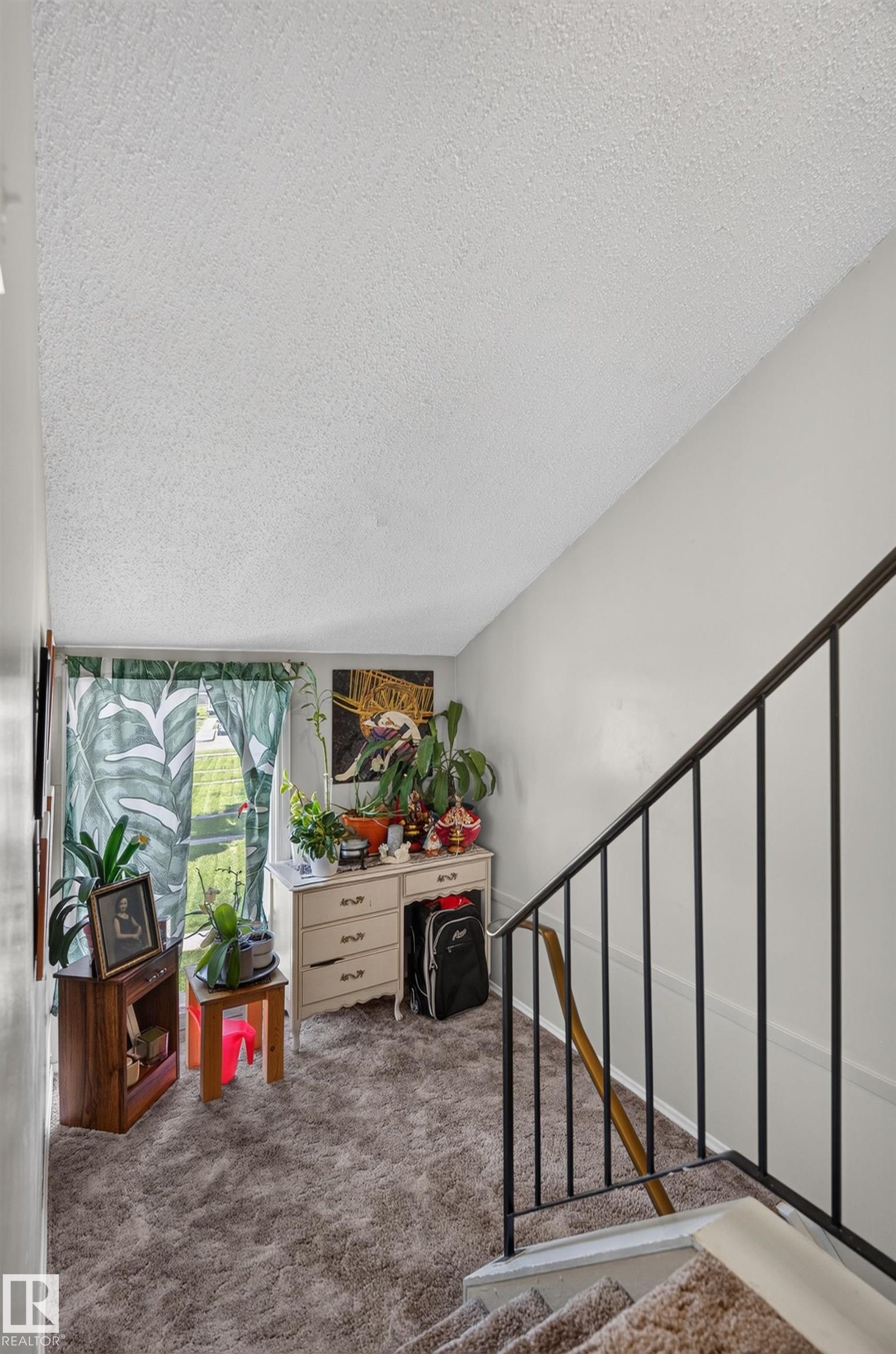 Carpeted flooring, white walls, and a black metal handrail - 18247 93 Avenue Nw, Edmonton, AB - Indoor Photo Showing Other Room