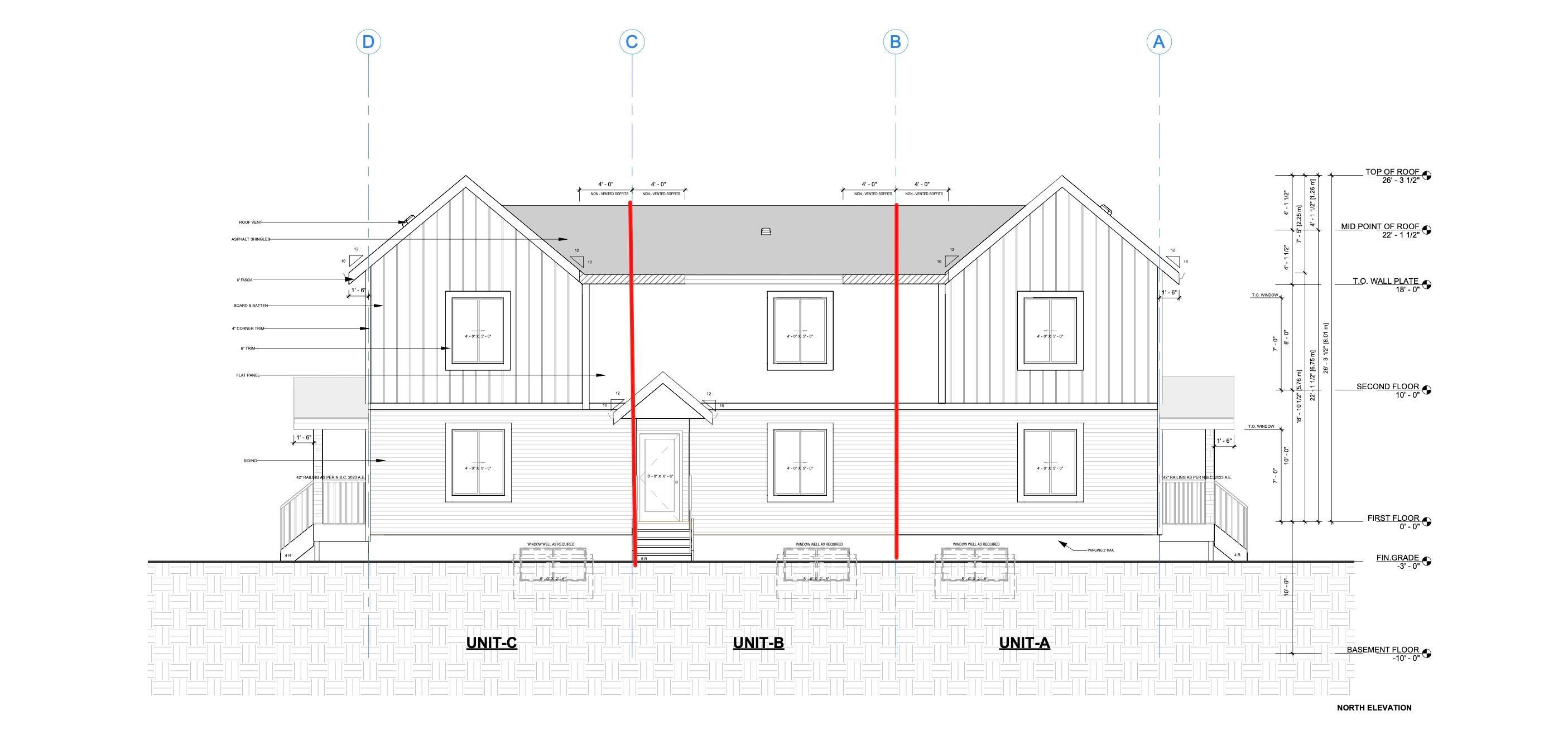 Architectural Drawing. North elevation with unit designations and vertical dimensions - 12160 93 Street Nw, Edmonton, AB - Other