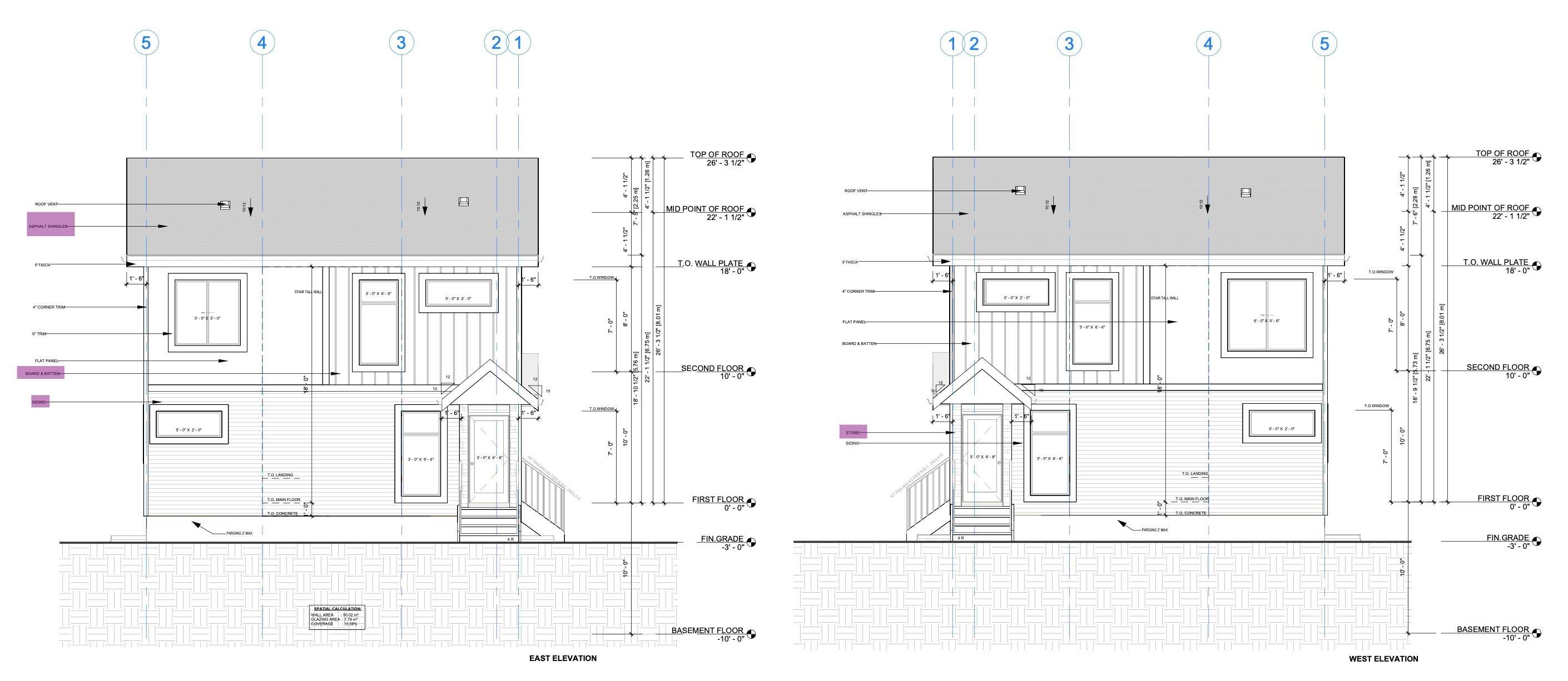 Architectural Drawing. Illustrating the east and west elevations of the property with dimensional callouts - 12160 93 Street Nw, Edmonton, AB - Other
