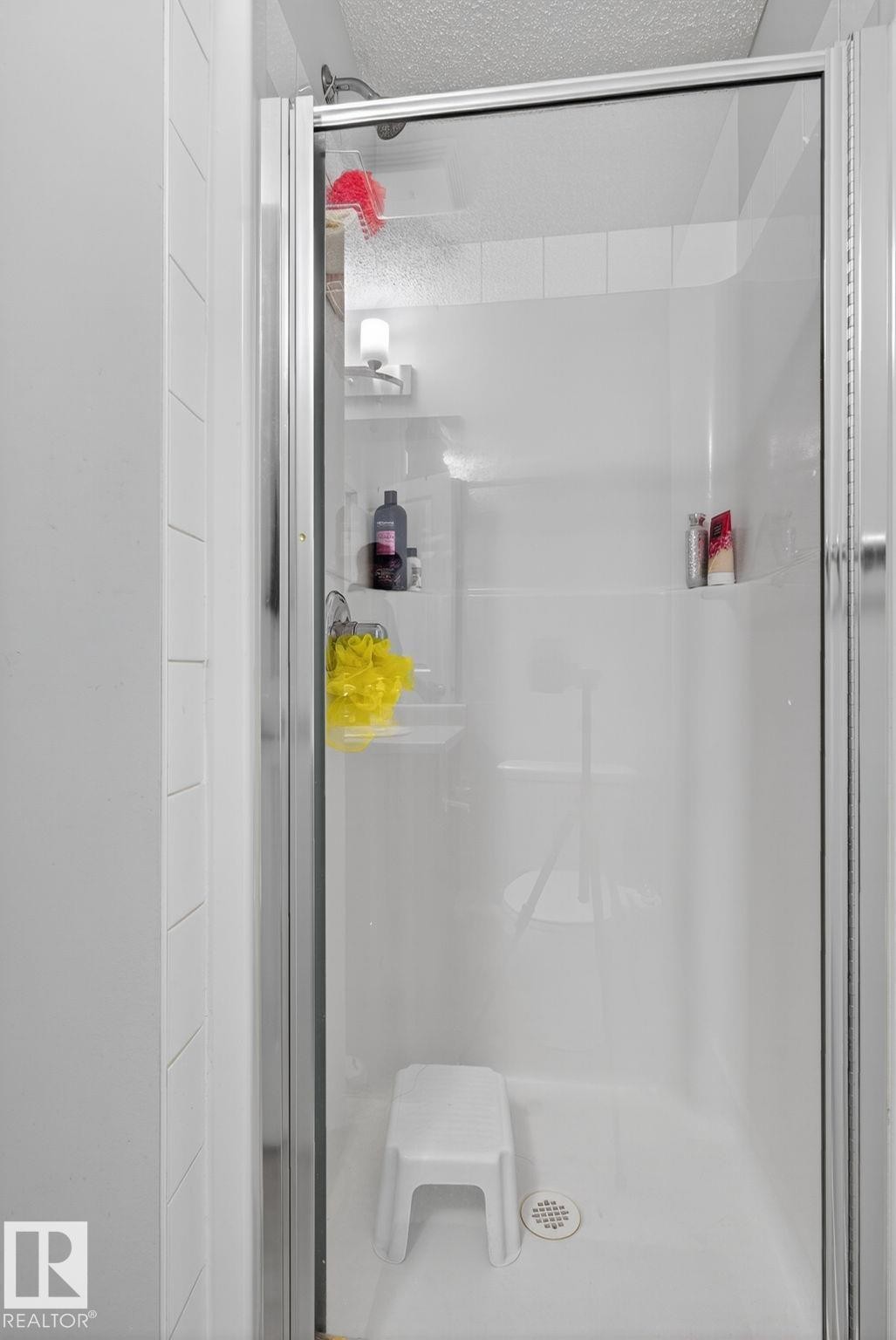 Shower stall with clear glass enclosure and integrated shelving - 3353 16A Avenue Nw, Edmonton, AB - Indoor Photo Showing Bathroom