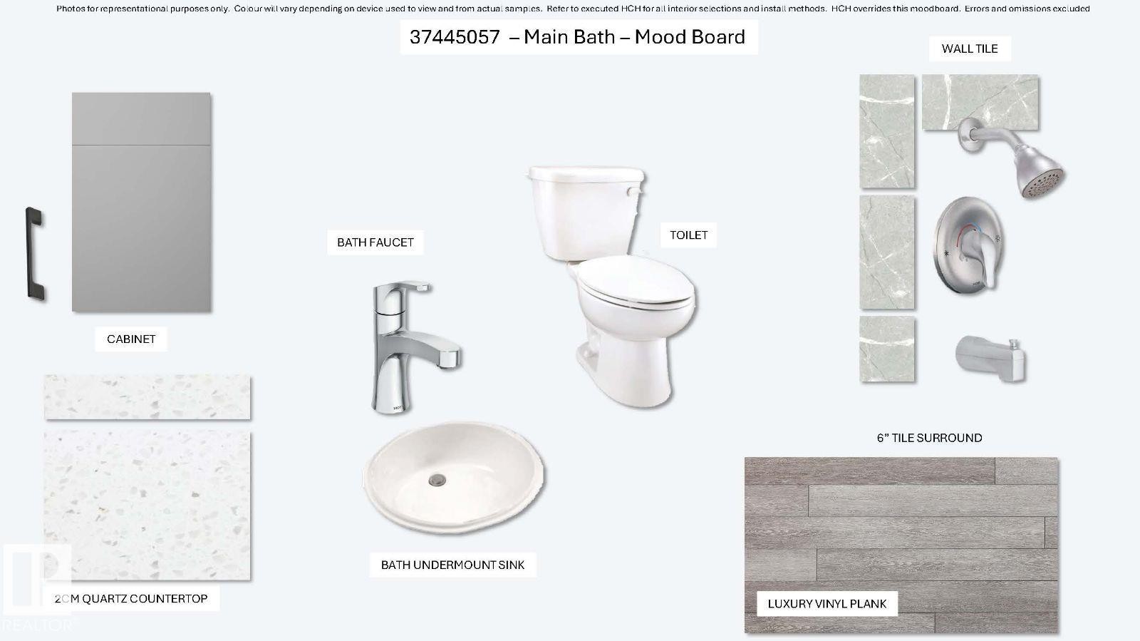 Mood Board. Displaying the selected components and finishes for the property's main bath - 20424 16 Avenue Nw, Edmonton, AB - Other