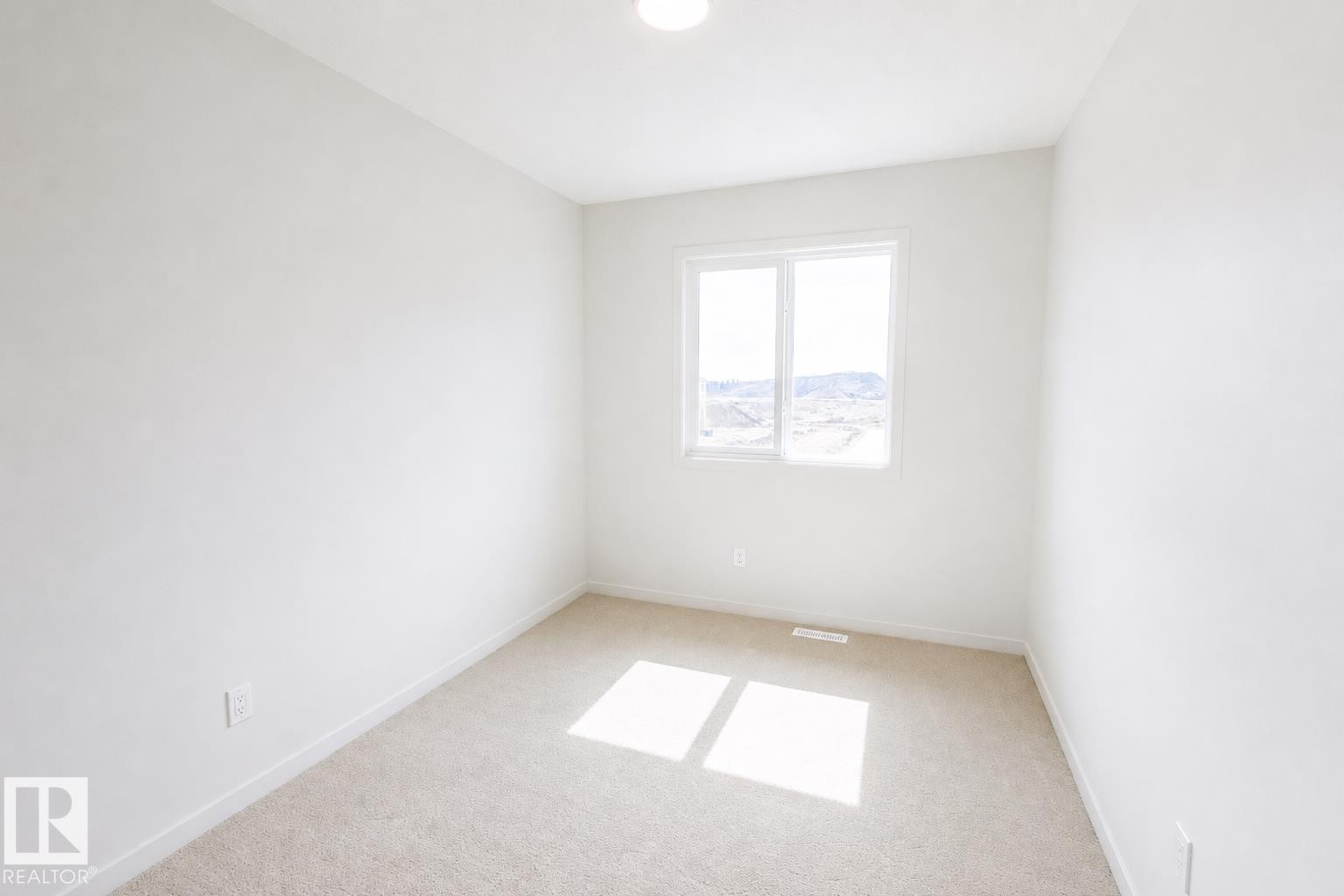 Neutral wall color, carpet flooring, window, and ceiling light fixture - 219 157 Avenue Ne, Edmonton, AB - Indoor Photo Showing Other Room