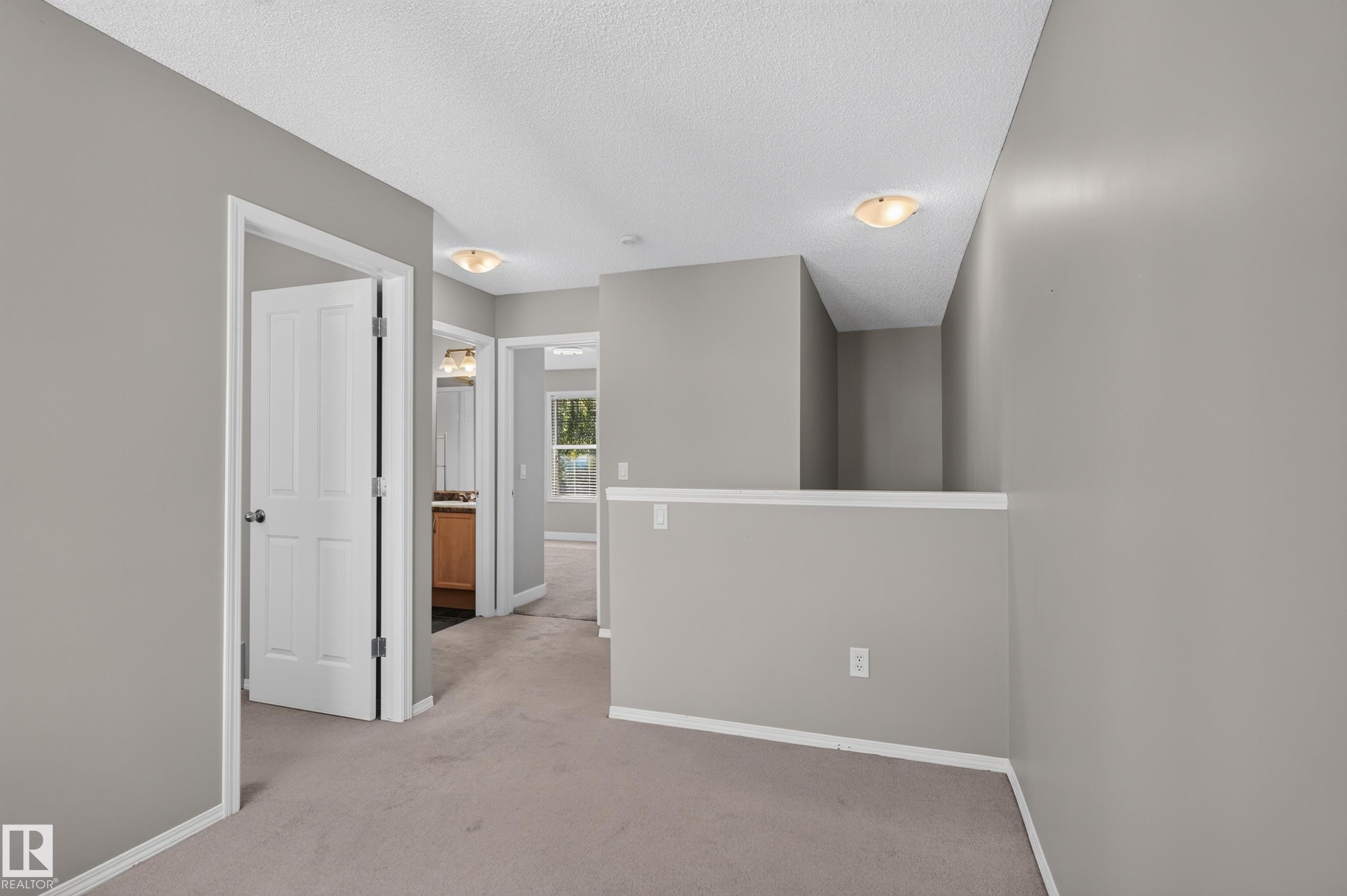 Neutral gray wall paint, white trim, flat panel doors, dome ceiling light fixtures, and carpeted flooring - 6008 South Terwillegar Boulevard Nw, Edmonton, AB - Indoor Photo Showing Other Room
