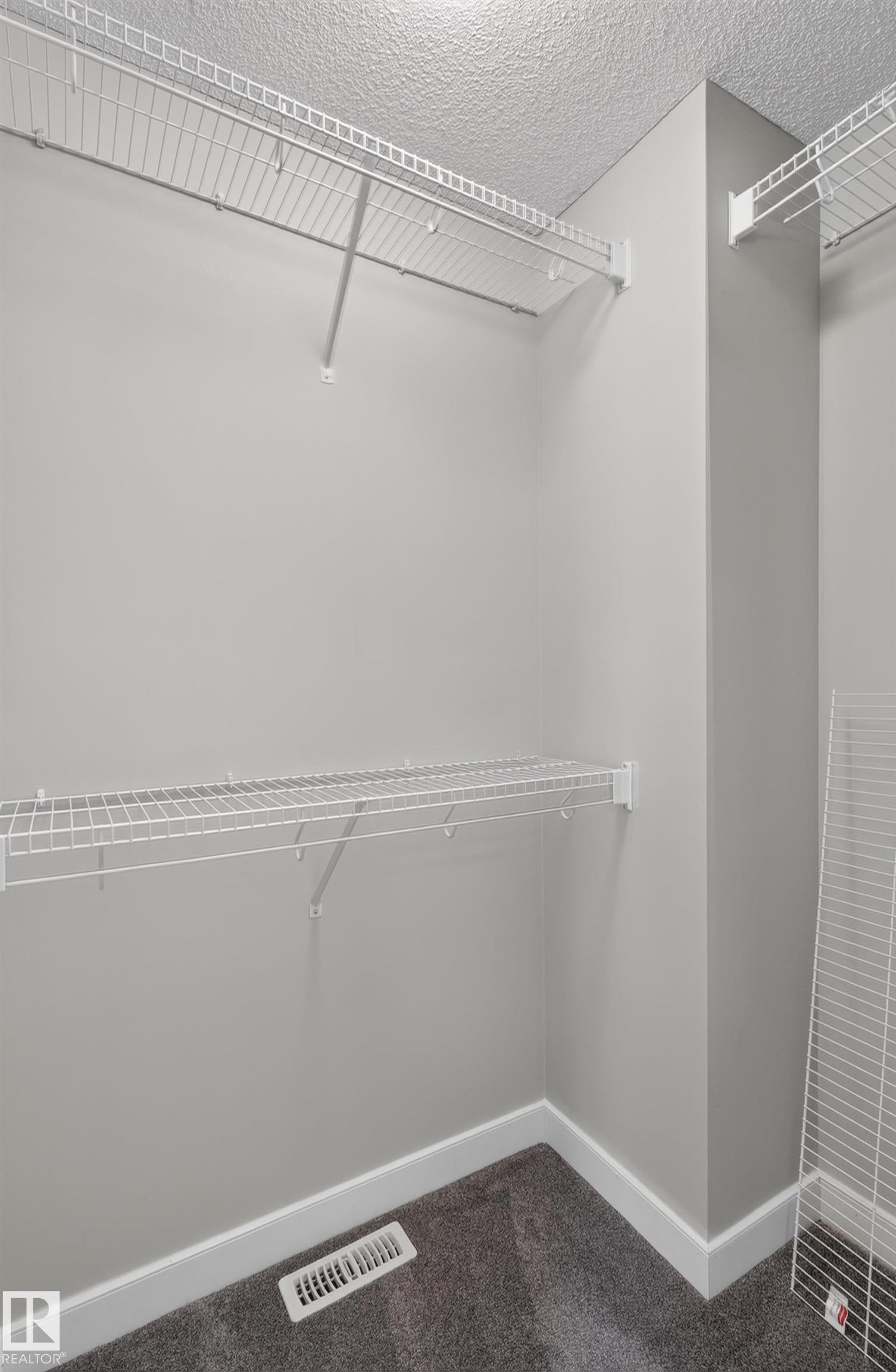 Wire shelving system, textured ceiling, gray wall paint, and gray carpet flooring - 6008 South Terwillegar Boulevard Nw, Edmonton, AB - Indoor With Storage