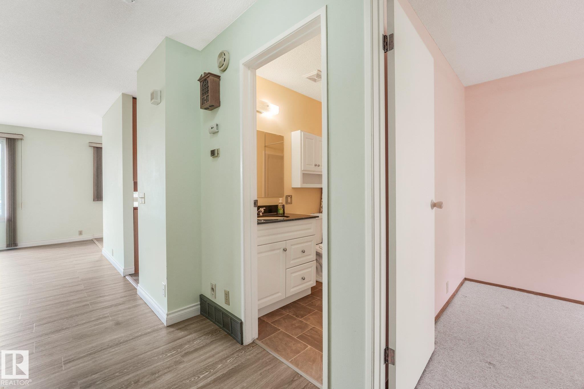 Compact bathroom featuring a single vanity with white cabinetry, dark countertop, and overhead lighting - 4135 134 Avenue Nw, Edmonton, AB - Indoor Photo Showing Other Room