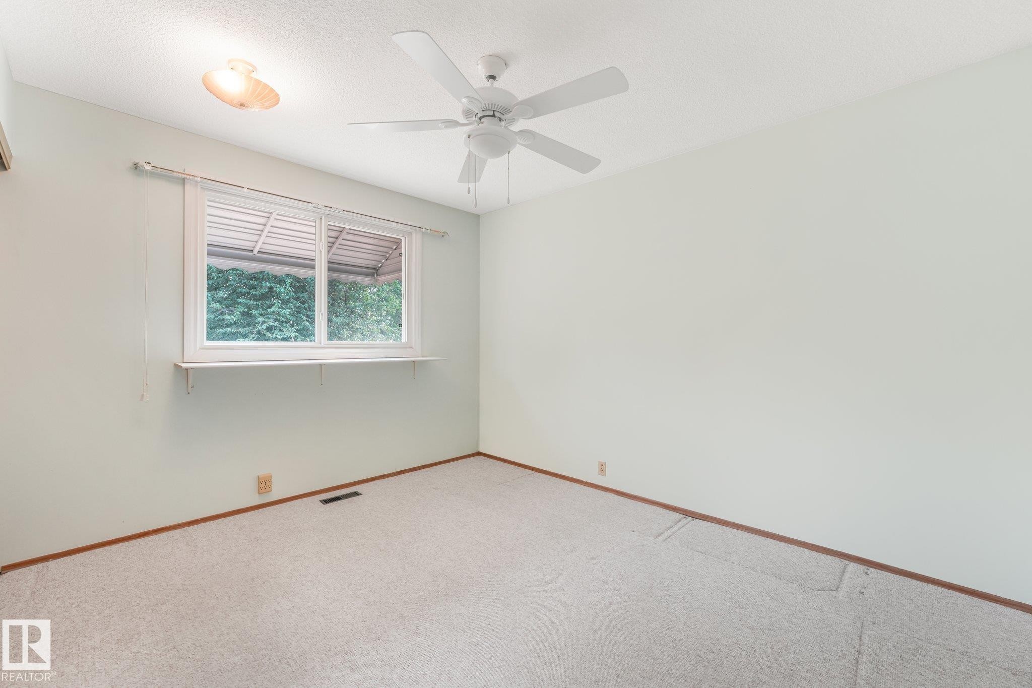 Carpeted room with a ceiling fan, a window with exterior foliage, and light green walls - 4135 134 Avenue Nw, Edmonton, AB - Indoor Photo Showing Other Room