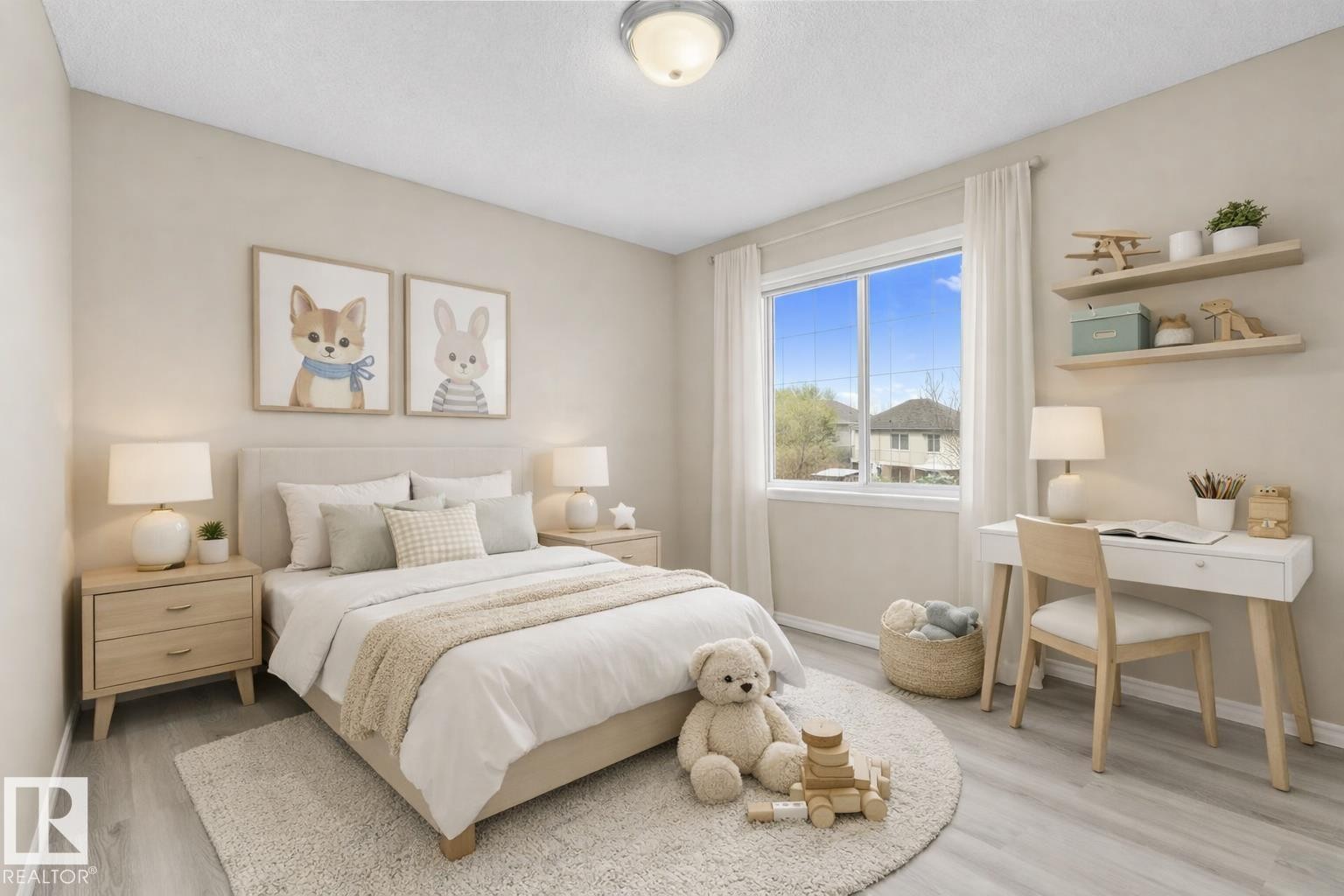 Light-filled room featuring wood-finish flooring, a double window with white trim, and a flush mount ceiling light - 21344 88 Avenue Nw, Edmonton, AB - Indoor Photo Showing Bedroom