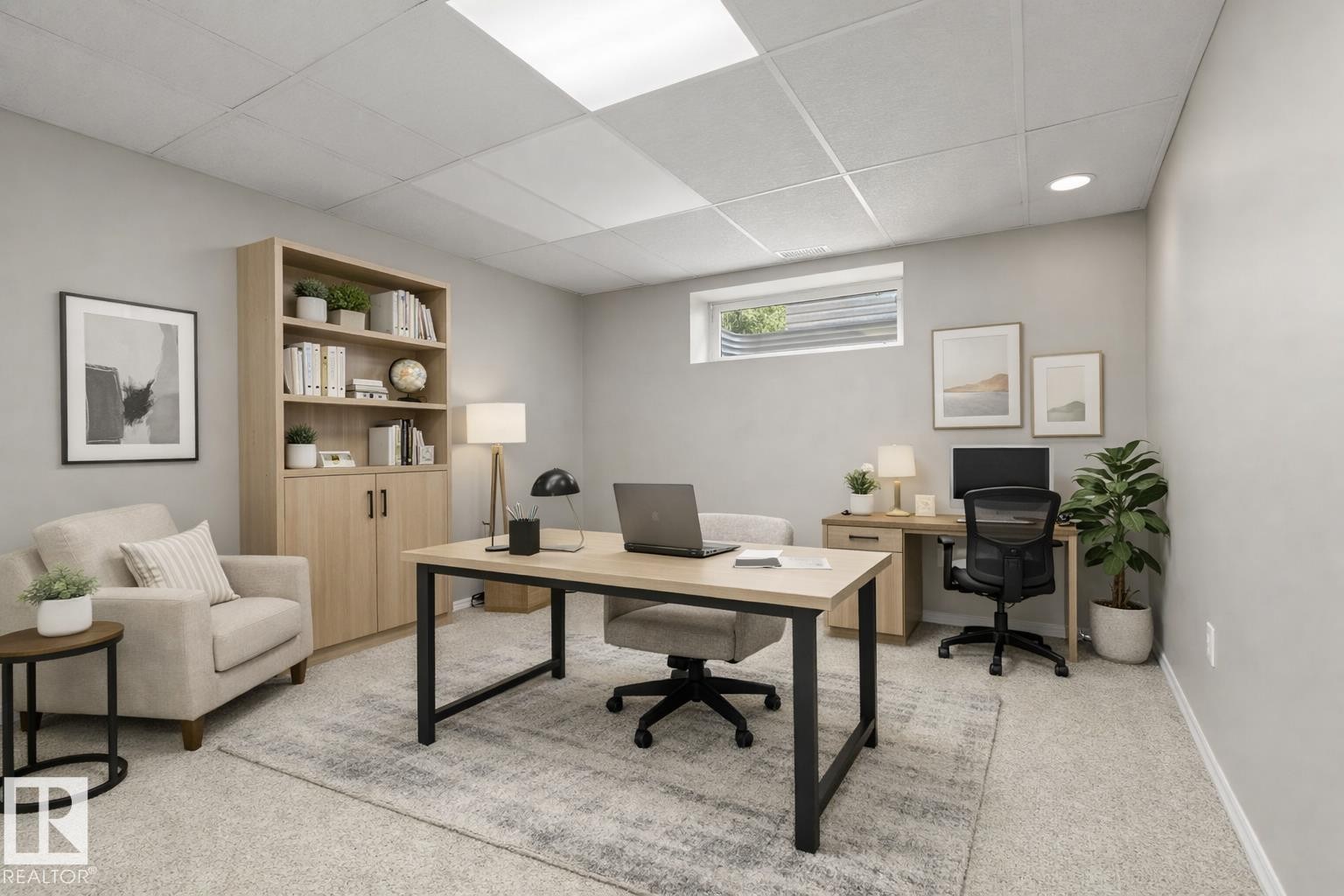 Recessed lighting and drop ceiling panels illuminate this versatile room with light gray walls and plush carpet flooring - 21344 88 Avenue Nw, Edmonton, AB - Indoor Photo Showing Office