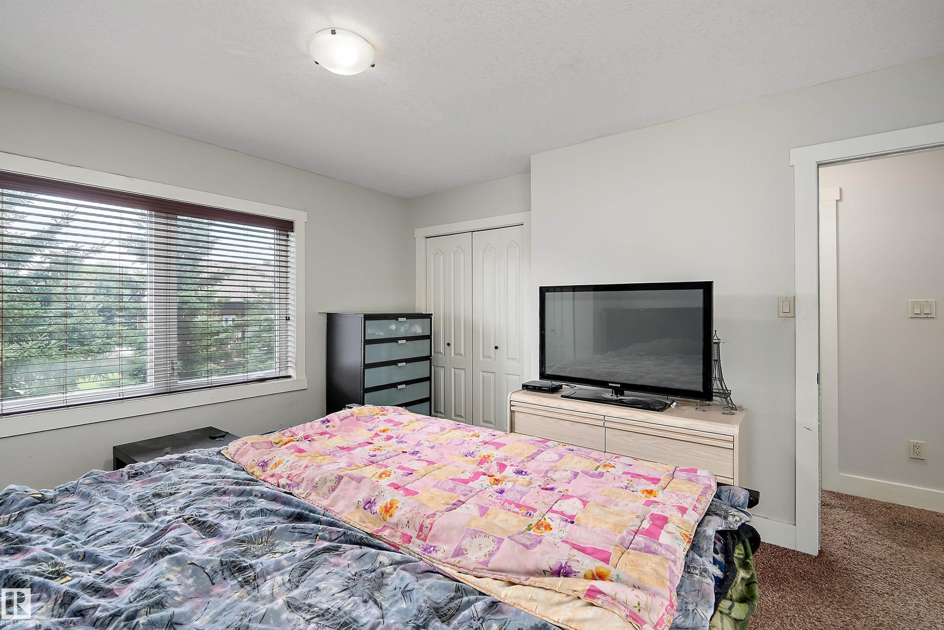 Window with blinds, flush mount ceiling light, and light-colored walls - 203 Graybriar Green, Stony Plain, AB - Indoor Photo Showing Bedroom