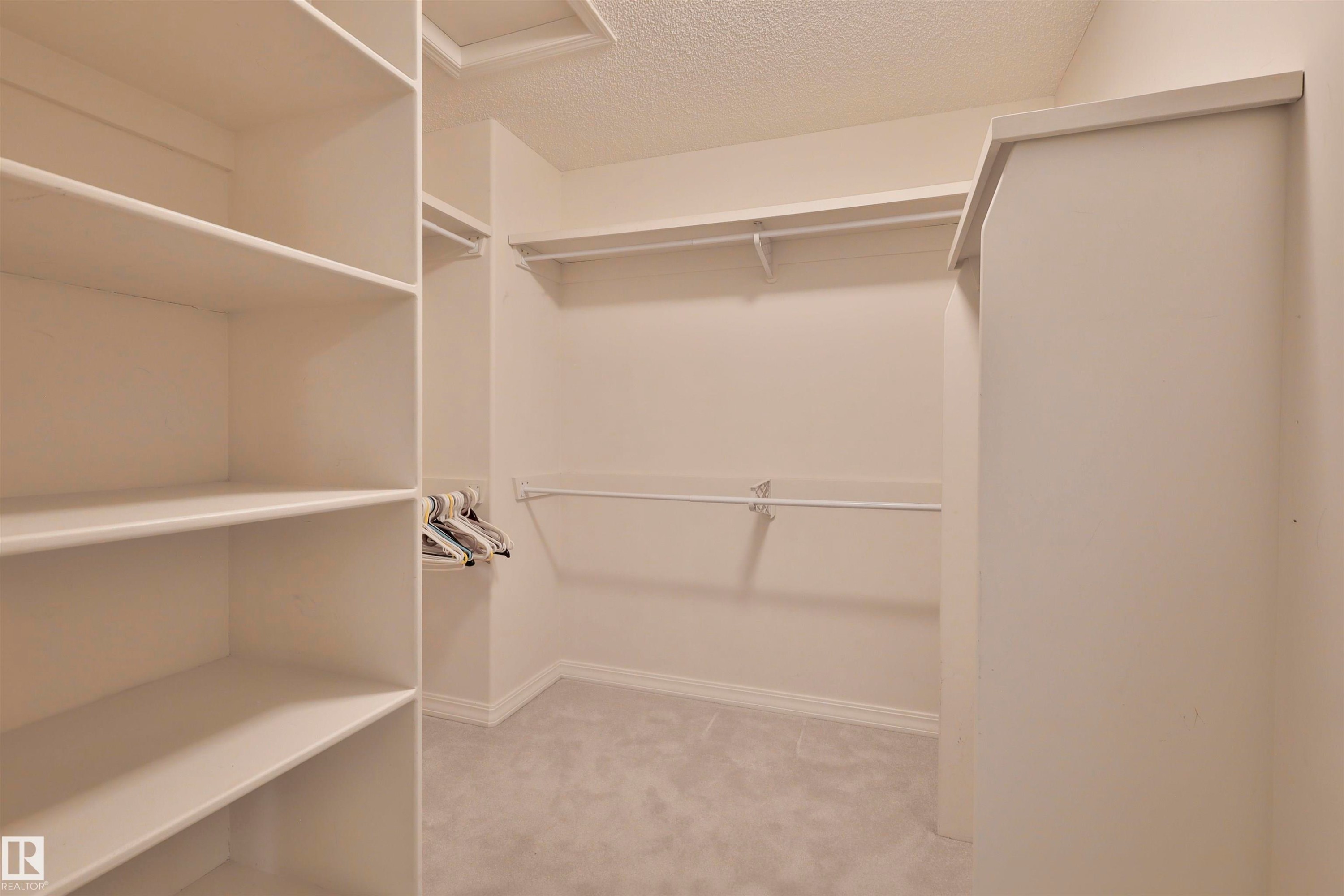 Walk-in closet featuring built-in shelving, white walls, and carpet flooring - 237 Darlington Crescent Nw, Edmonton, AB - Indoor With Storage