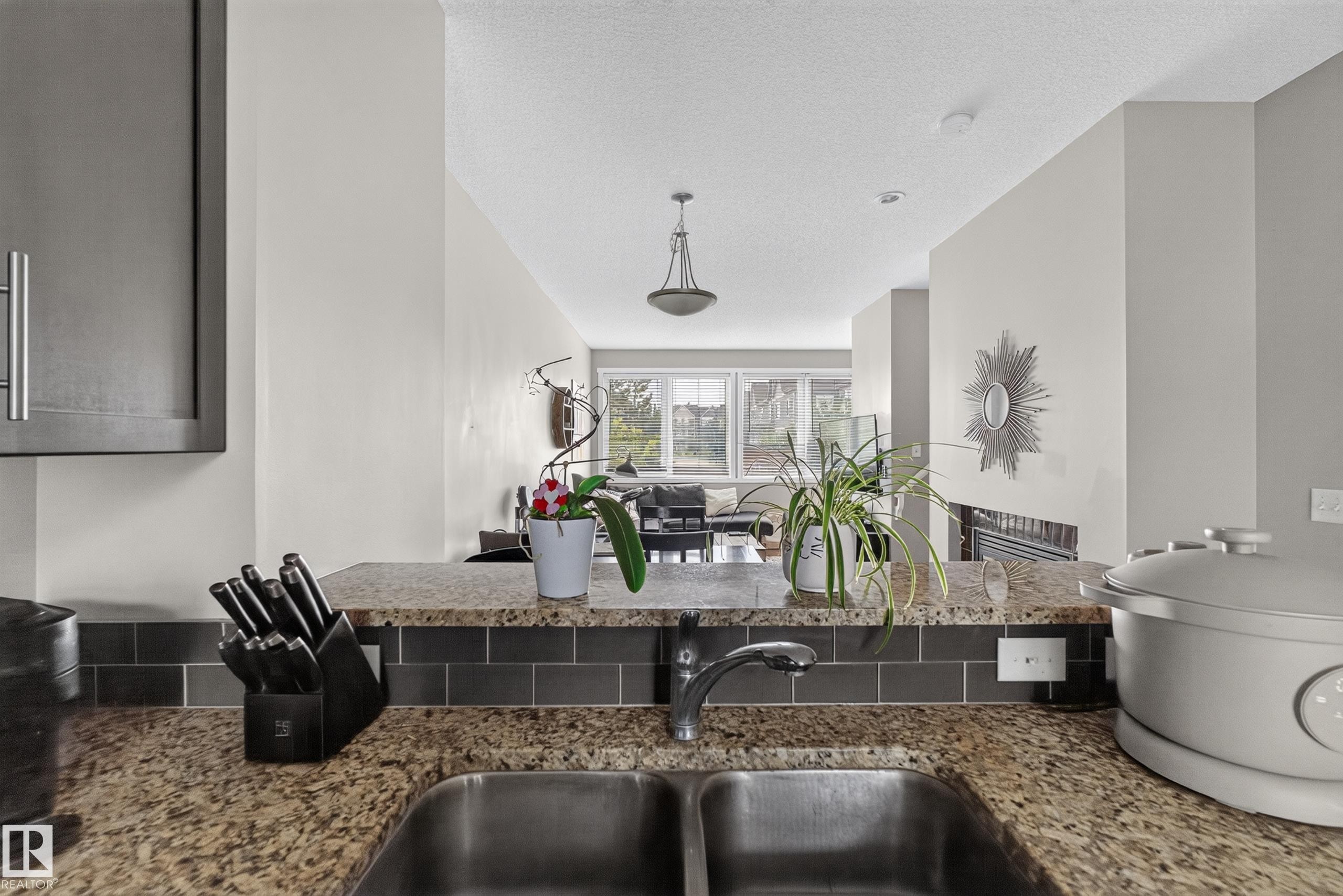Kitchen sink with a double basin, granite-style countertop, and a dark subway tile backsplash - #53 603 Watt Bv Sw, Edmonton, AB - Indoor Photo Showing Kitchen With Double Sink