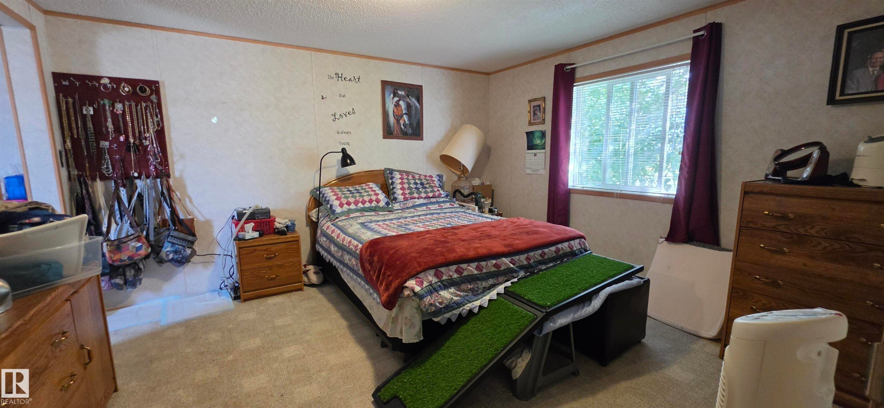 Carpeted flooring, window with natural light, window treatments, and a built-in light fixture - #56 4202 45 St, Wetaskiwin, AB - Indoor Photo Showing Bedroom