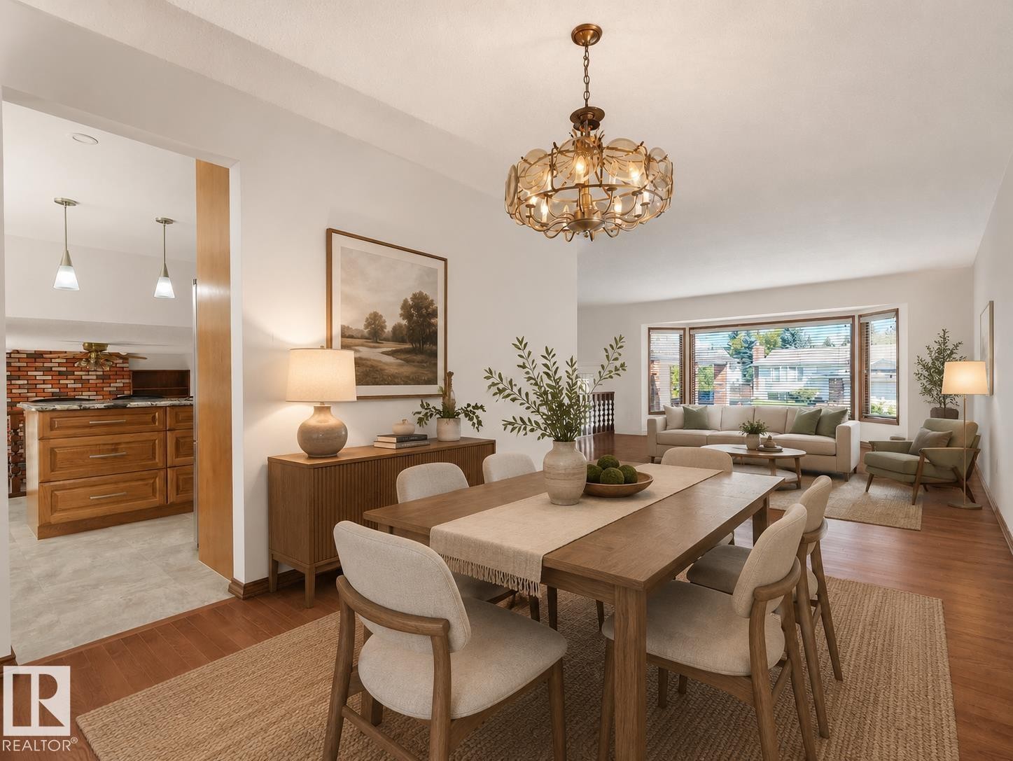 Wood-finish flooring, recessed lighting, brass chandelier, bay window, and white walls - 7357 18 Avenue Nw, Edmonton, AB - Indoor Photo Showing Dining Room