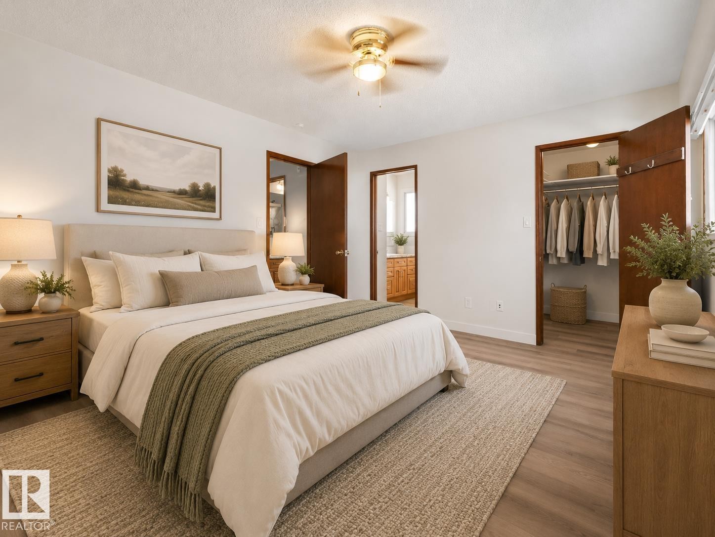 White walls complement wood-finish flooring - 7357 18 Avenue Nw, Edmonton, AB - Indoor Photo Showing Bedroom