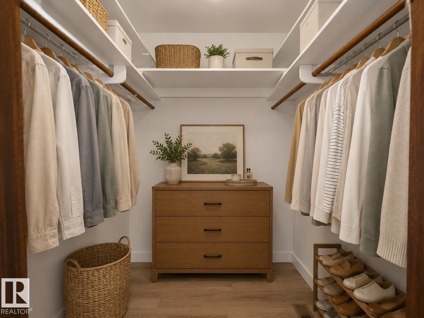 Custom closet system with wood-finish flooring, built-in shelving, and hanging rods - 7357 18 Avenue Nw, Edmonton, AB - Indoor With Storage
