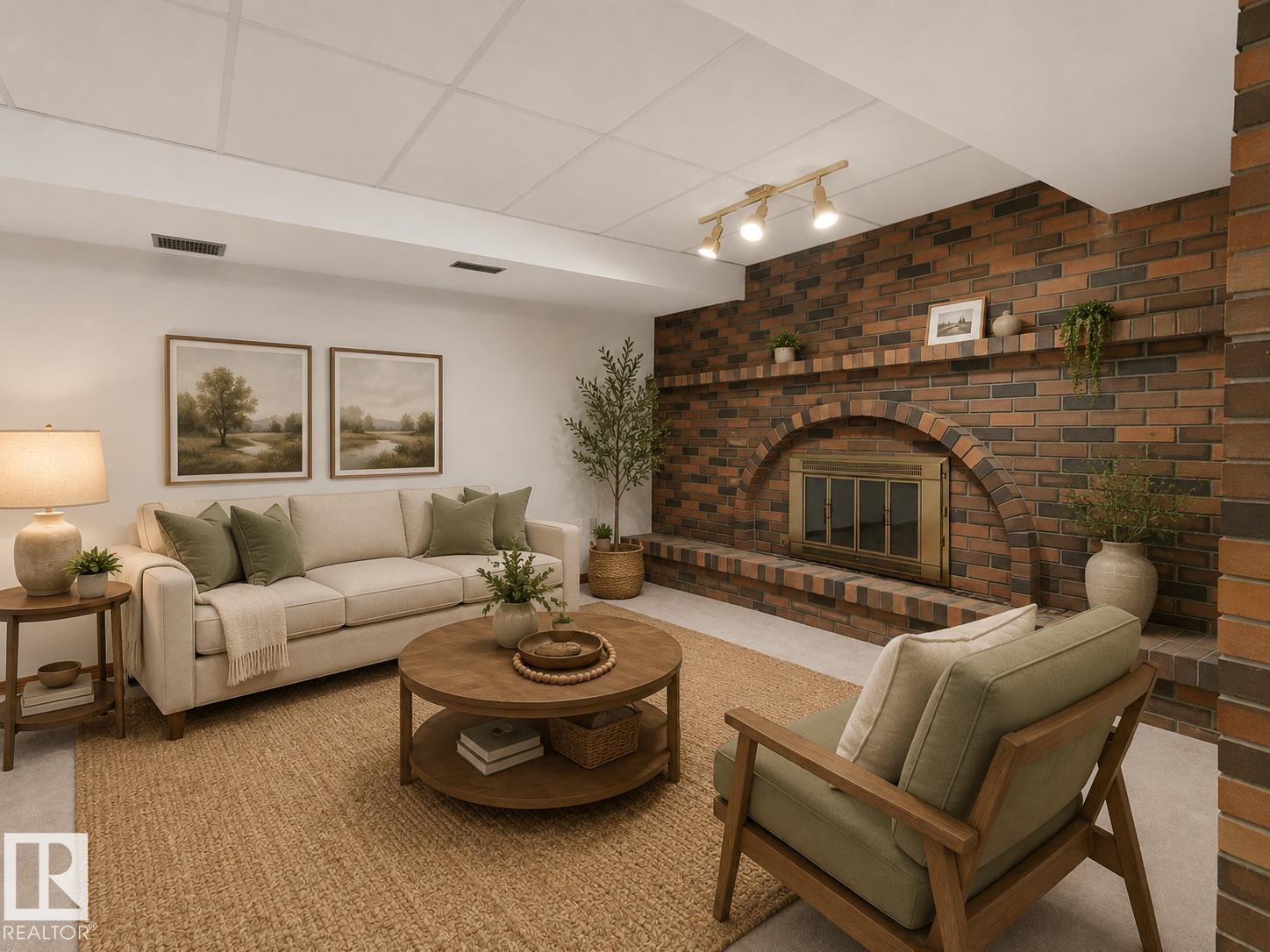Brick-surround fireplace with arched opening, integrated hearth, and track lighting - 7357 18 Avenue Nw, Edmonton, AB - Indoor Photo Showing Living Room With Fireplace