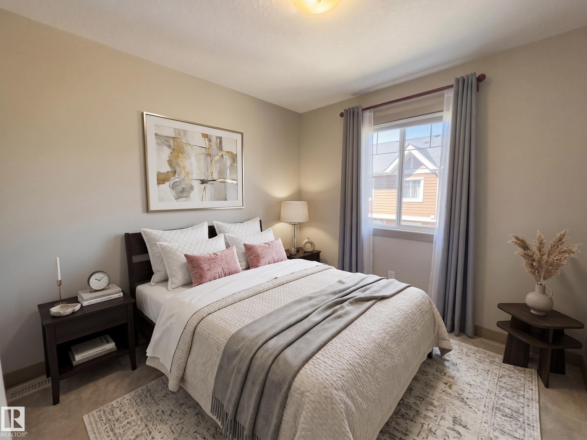 Neutral wall paint, recessed lighting, double-paned window, and a dark wood-finish nightstand - #29 1150 Windermere Wy Sw, Edmonton, AB