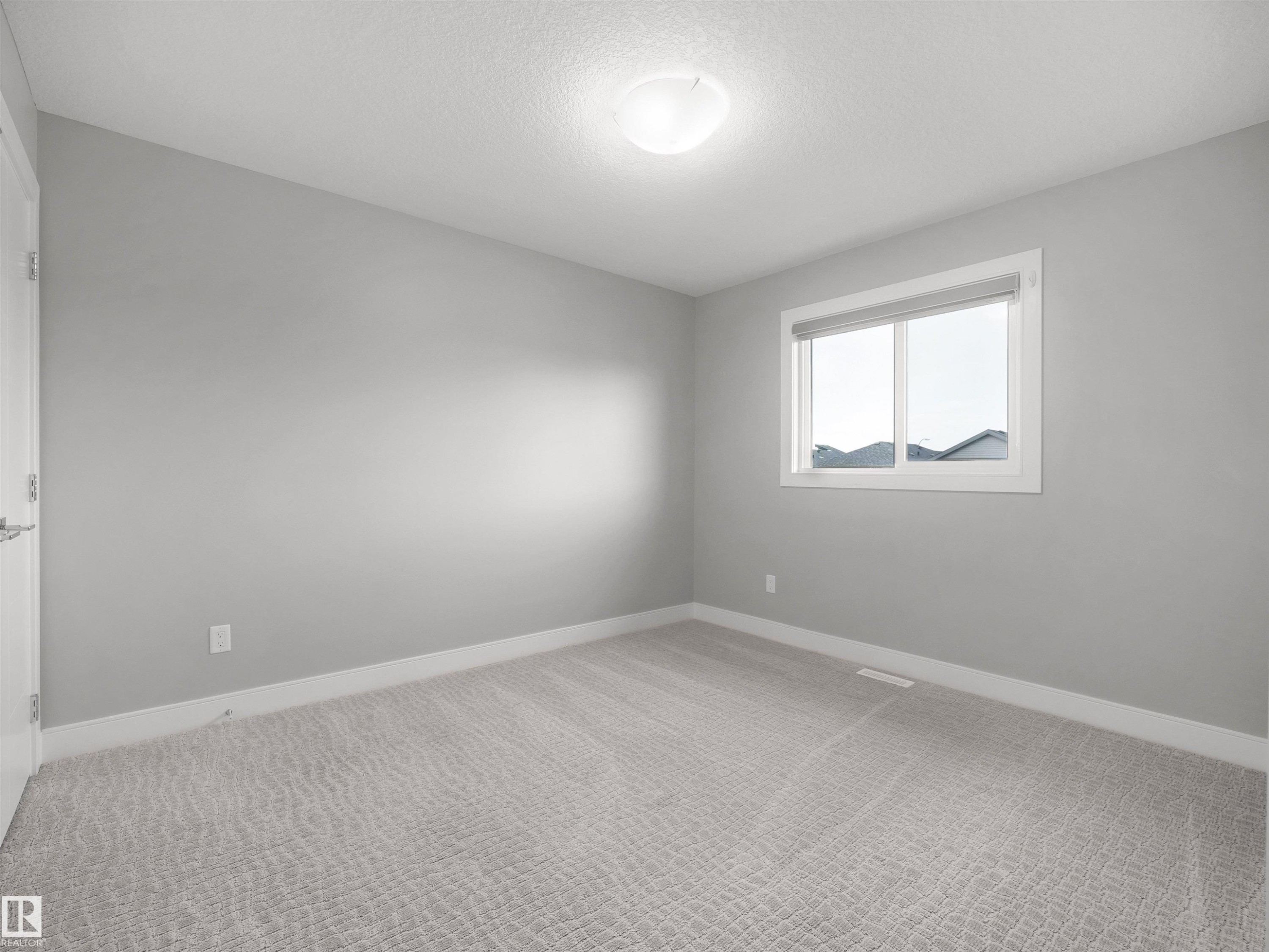 Neutral gray wall paint, patterned carpet, white trim, single window, and a flush-mount ceiling light - 17020 62 Street Nw, Edmonton, AB - Indoor Photo Showing Other Room