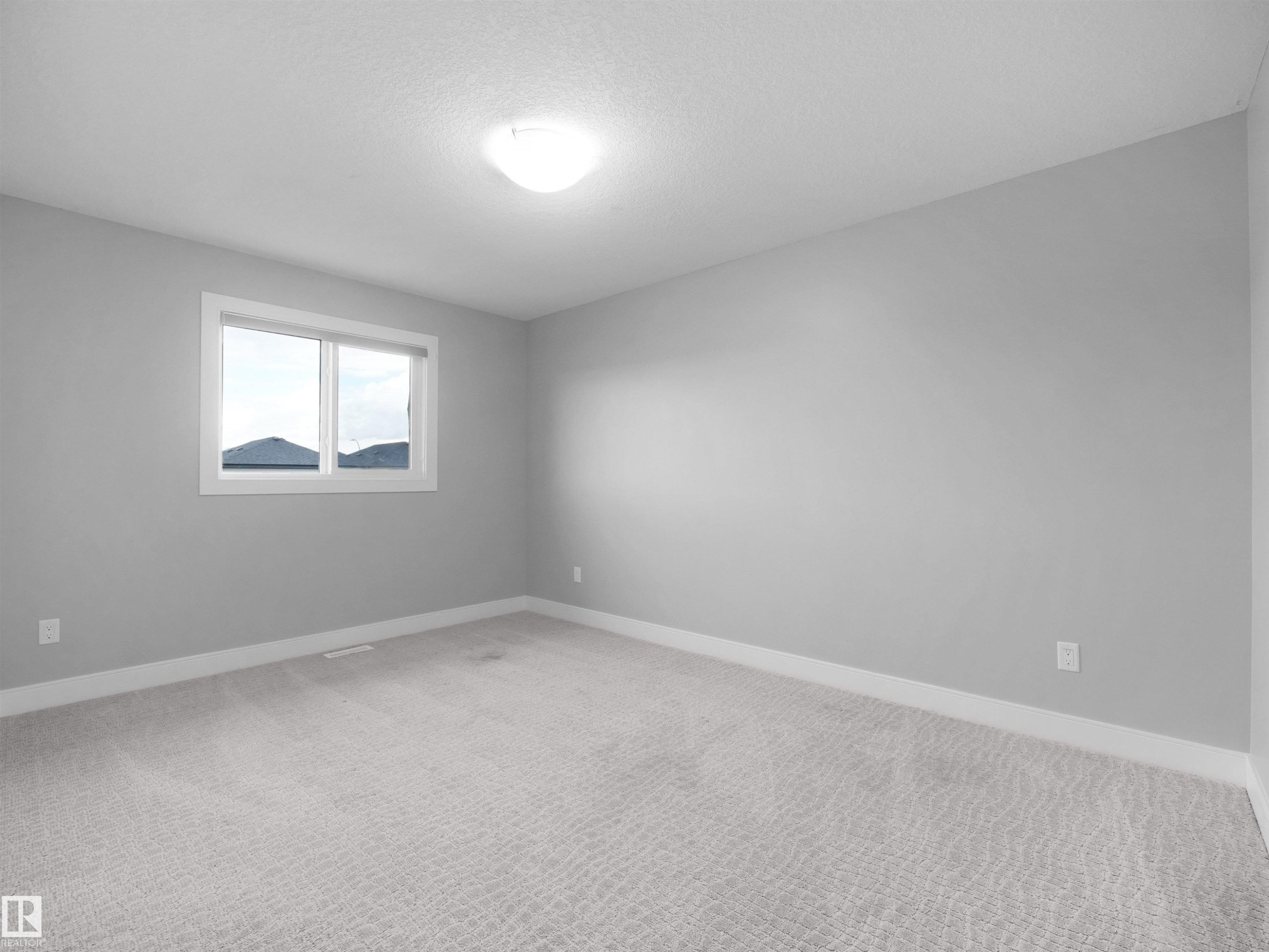 Light gray painted walls, window with white trim, white baseboards, and ceiling-mounted light fixture - 17020 62 Street Nw, Edmonton, AB - Indoor Photo Showing Other Room