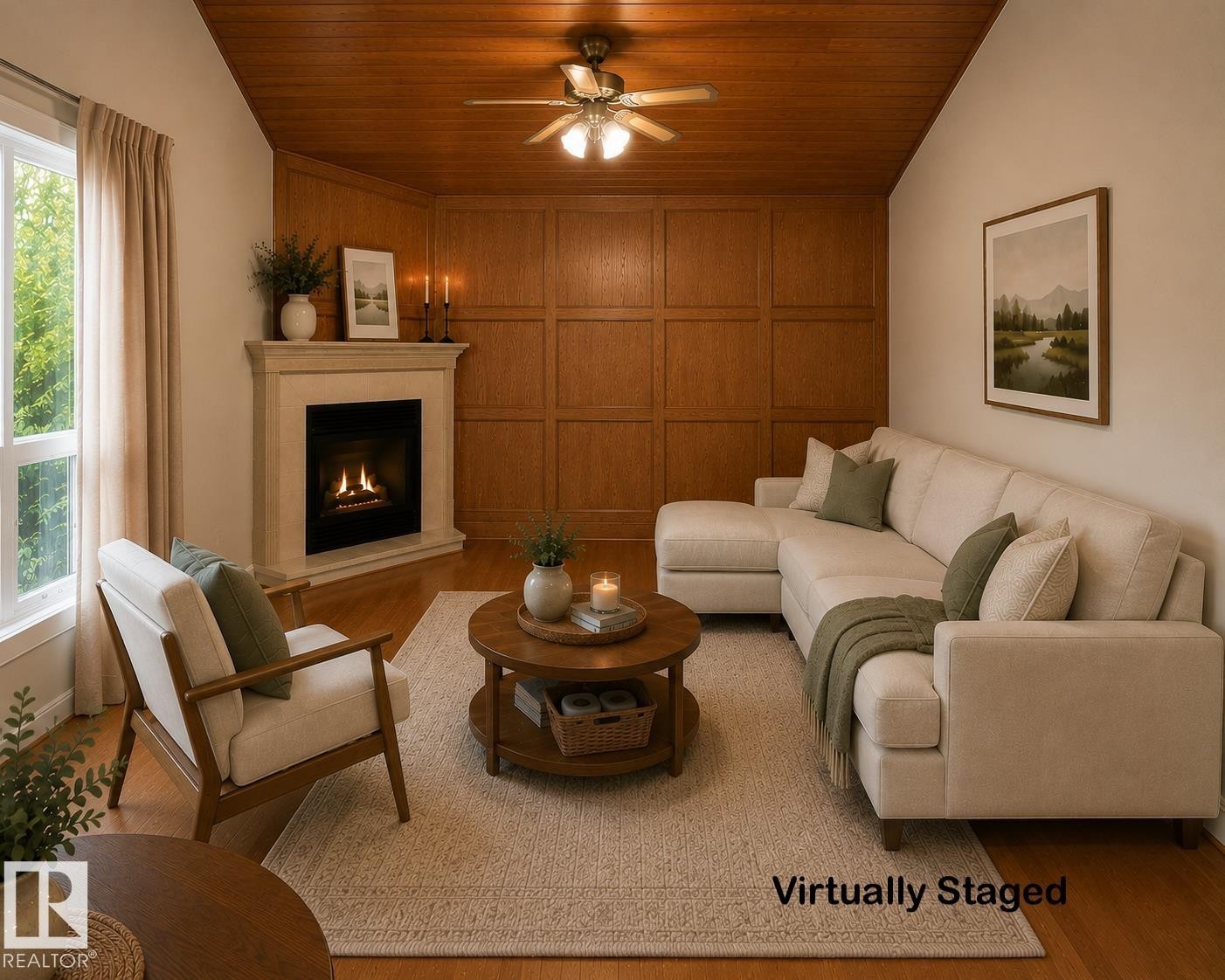 Vaulted wood-paneled ceiling with a ceiling fan, gas fireplace with a stone surround, and wood-paneled accent wall - 8408 176 Street Nw, Edmonton, AB - Indoor Photo Showing Living Room With Fireplace