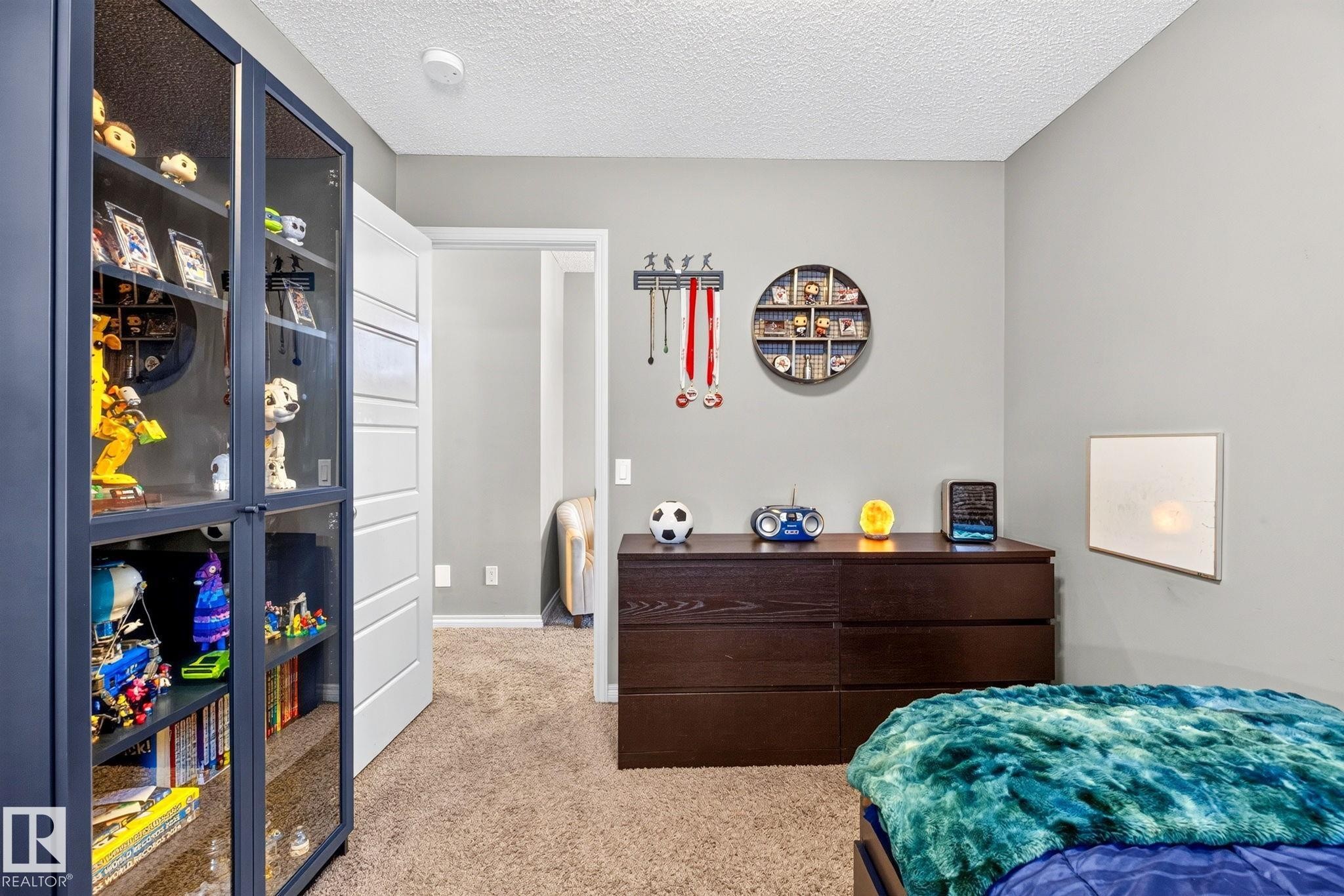 Neutral wall paint, textured carpet flooring, and a modern interior door with horizontal paneling - 16512 140 Street Nw, Edmonton, AB - Indoor Photo Showing Bedroom