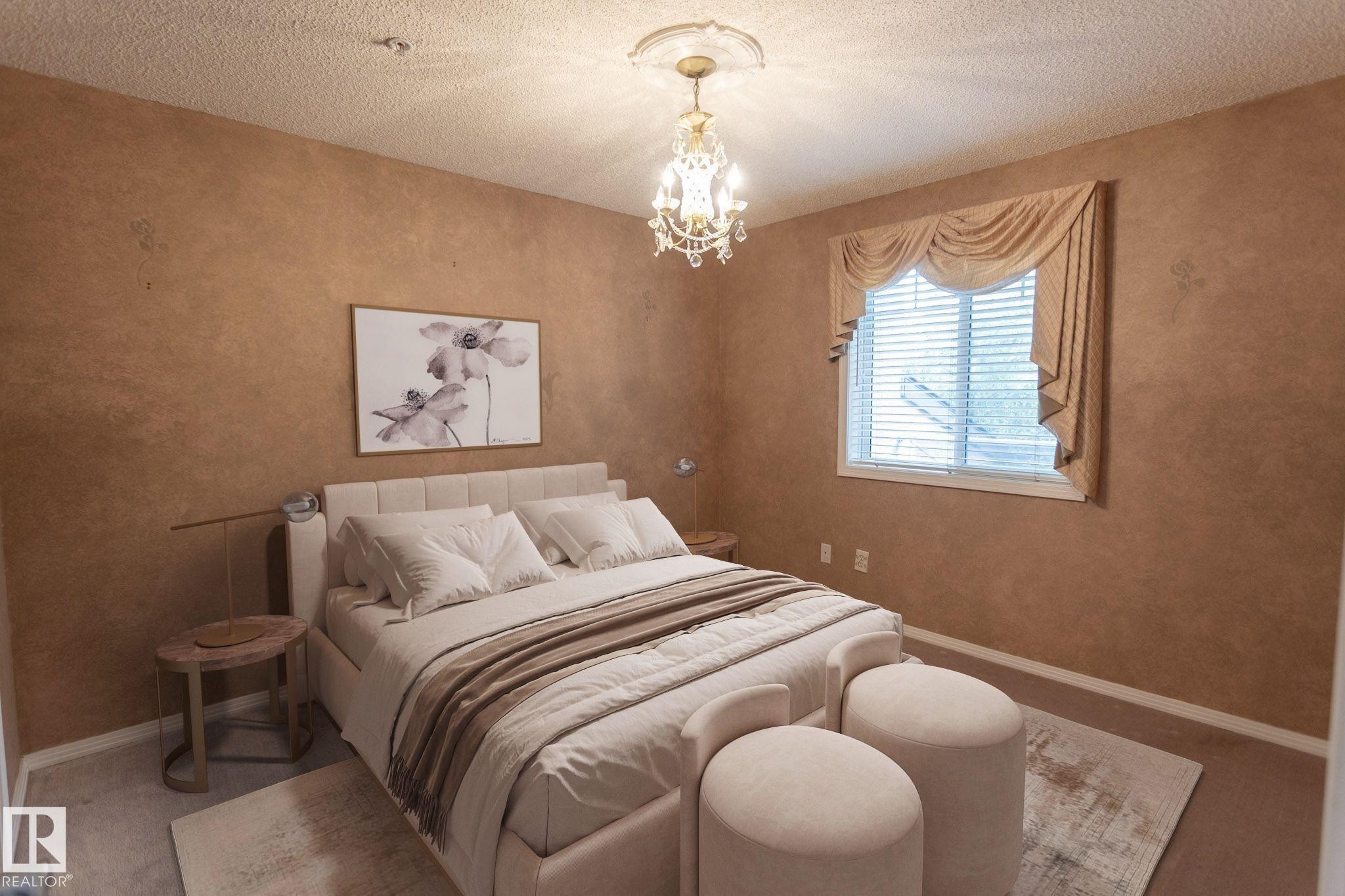 Chandelier lighting with decorative ceiling medallion, textured wall finish, window with blinds and valance, and wall-to-wall carpeting - #204 2420 108 St Nw, Edmonton, AB