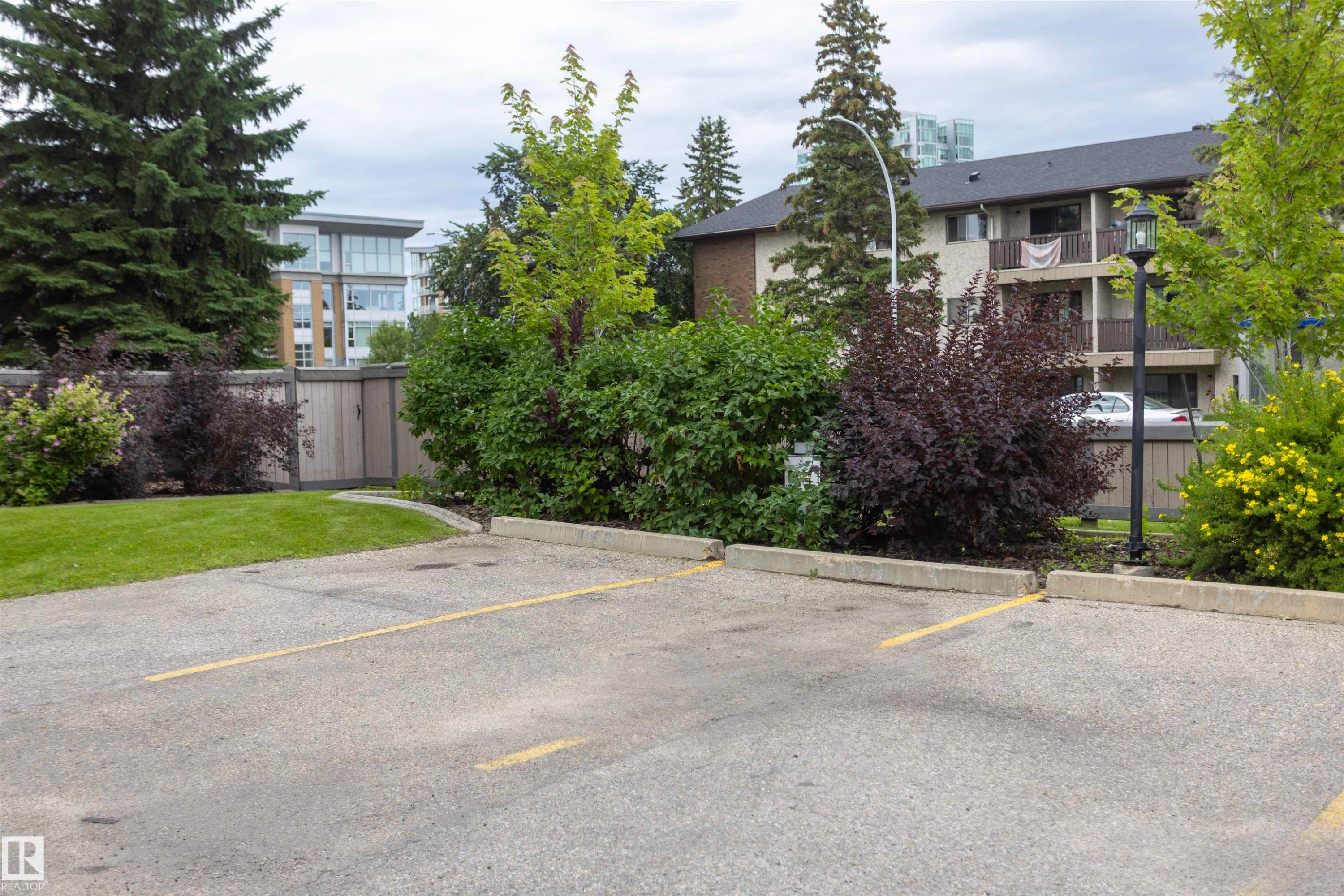 Paved parking area featuring designated spaces, concrete parking curbs, and surrounding established landscaping - #204 2420 108 St Nw, Edmonton, AB