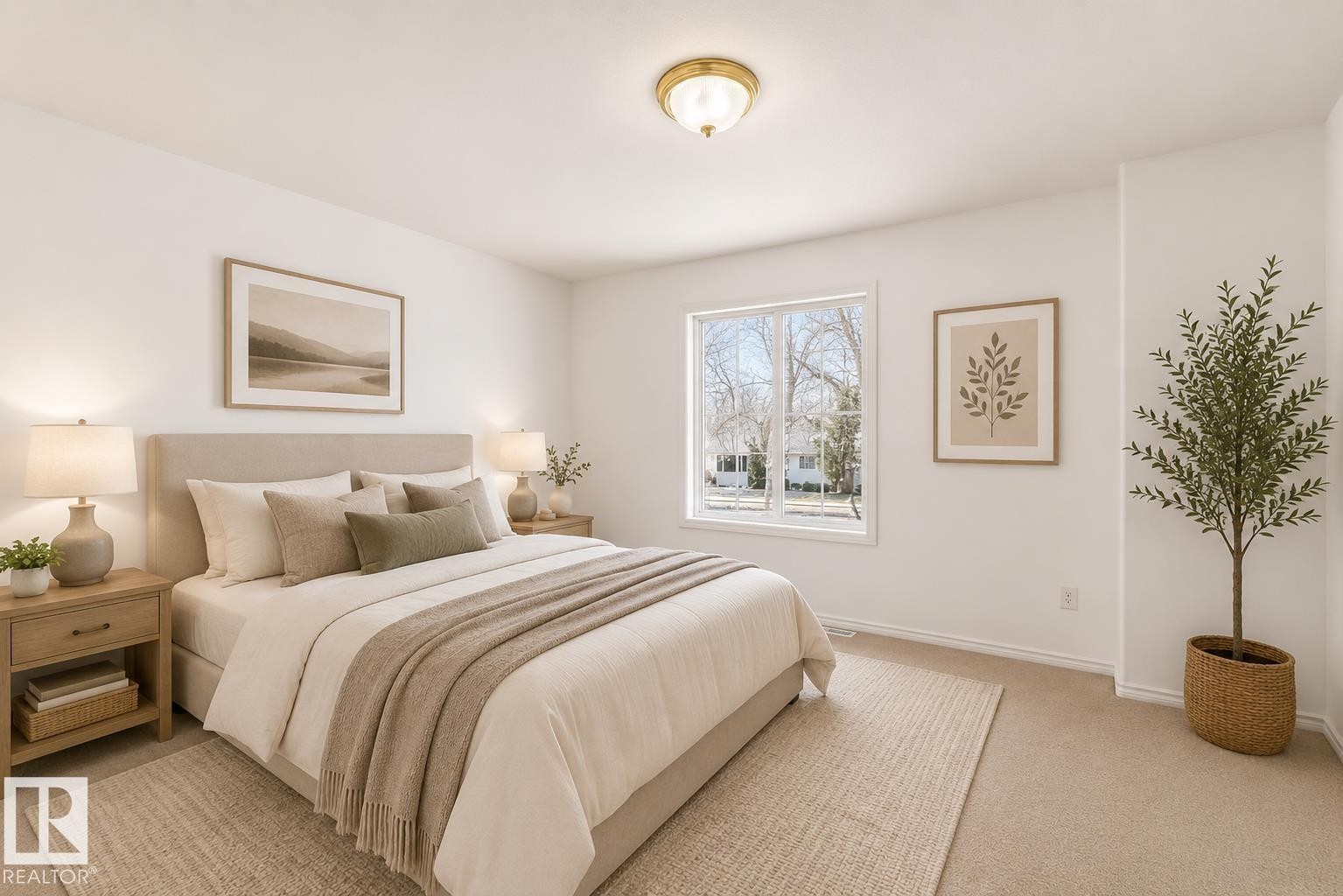 Virtually staged room with illustrating potential of room with furniture, decor and new flooring show a wall-to-wall carpeting with an overhead flush mount light fixture and a window providing natural light - 11727 83 Street Nw, Edmonton, AB - Indoor Photo Showing Bedroom