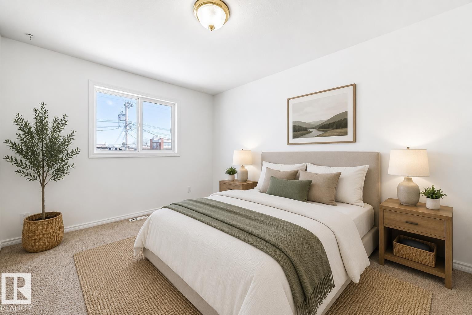 Virtually staged room with illustrating potential of room with furniture, decor and new flooring show a bright bedroom featuring a recessed window, carpeted flooring, and a ceiling-mounted light fixture - 11727 83 Street Nw, Edmonton, AB - Indoor Photo Showing Bedroom