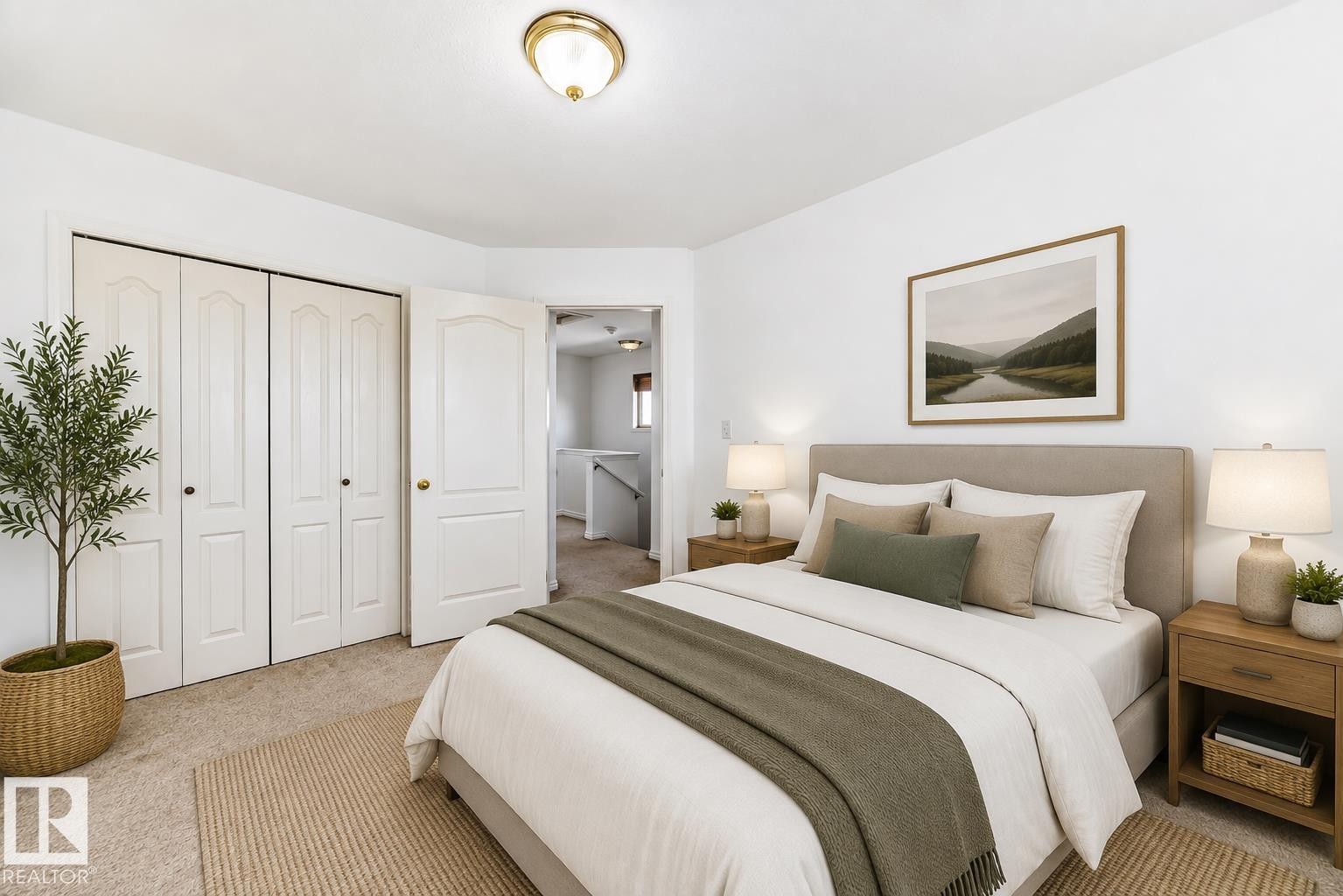 Virtually staged room with illustrating potential of room with furniture, decor and new flooring show a warm neutral wall paint, light-toned carpet flooring, white bi-fold closet doors, and an overhead flush mount light fixture - 11727 83 Street Nw, Edmonton, AB - Indoor Photo Showing Bedroom