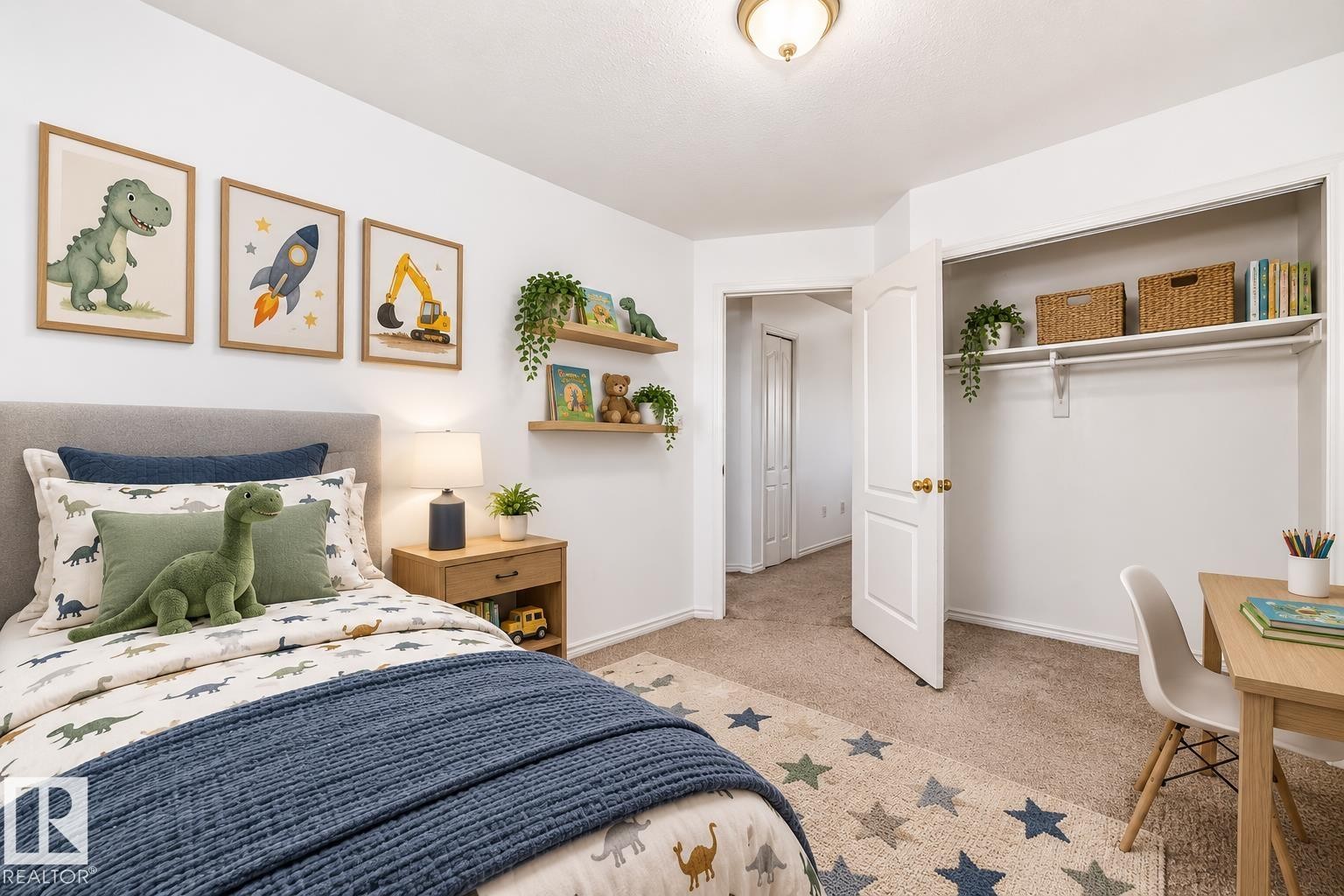 Virtually staged room with illustrating potential of room with furniture, decor and new flooring show a built-in closet shelving, neutral wall color, carpet flooring, a natural wood-finish nightstand, and floating wall shelves - 11727 83 Street Nw, Edmonton, AB - Indoor Photo Showing Bedroom