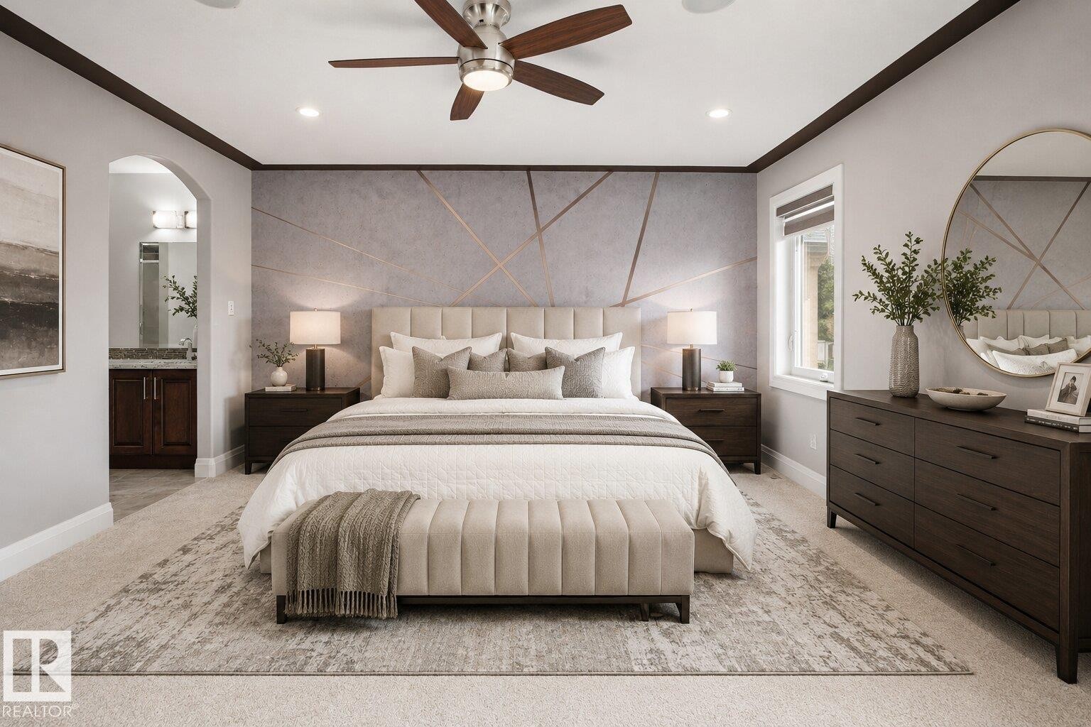 Spacious sleeping area with a geometric accent wall, recessed lighting, and a ceiling fan - 427 Windermere Road Nw, Edmonton, AB - Indoor Photo Showing Bedroom