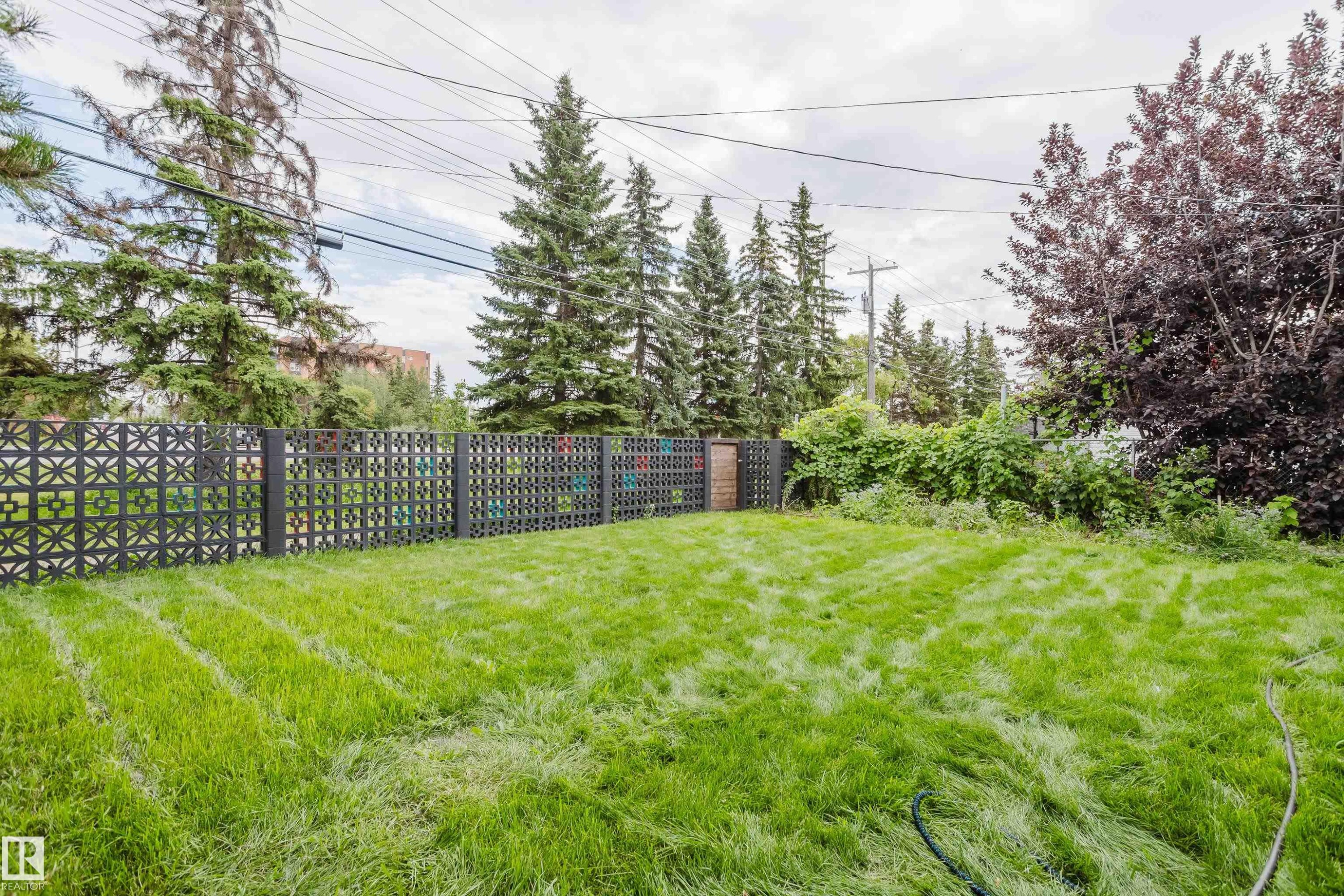 Expansive green space featuring a decorative privacy fence and mature trees - 9059 52 Street Nw, Edmonton, AB - Outdoor