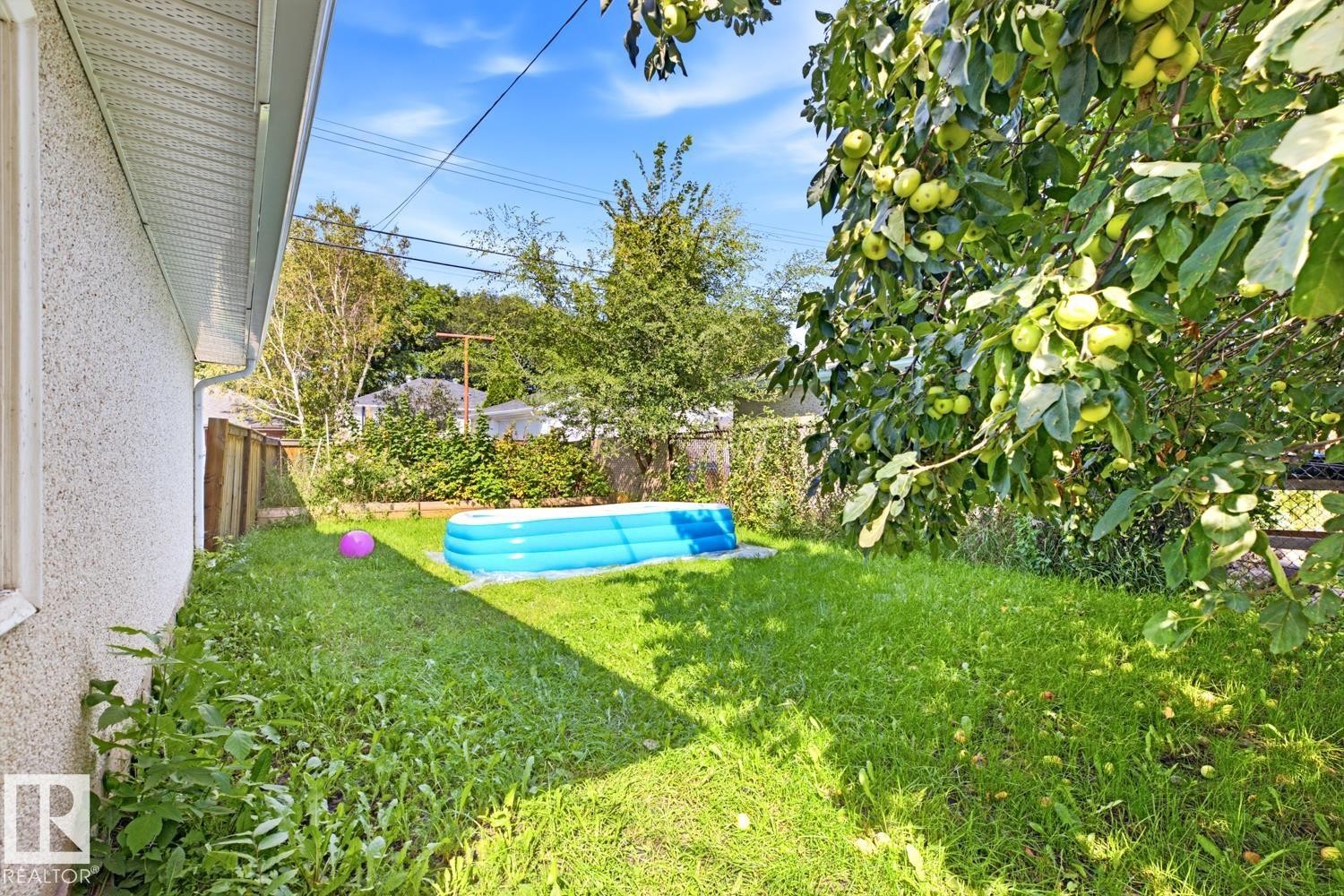 Spacious backyard oasis featuring a lush, manicured lawn with mature shade trees and established landscaping - 9740 63 Avenue Nw, Edmonton, AB