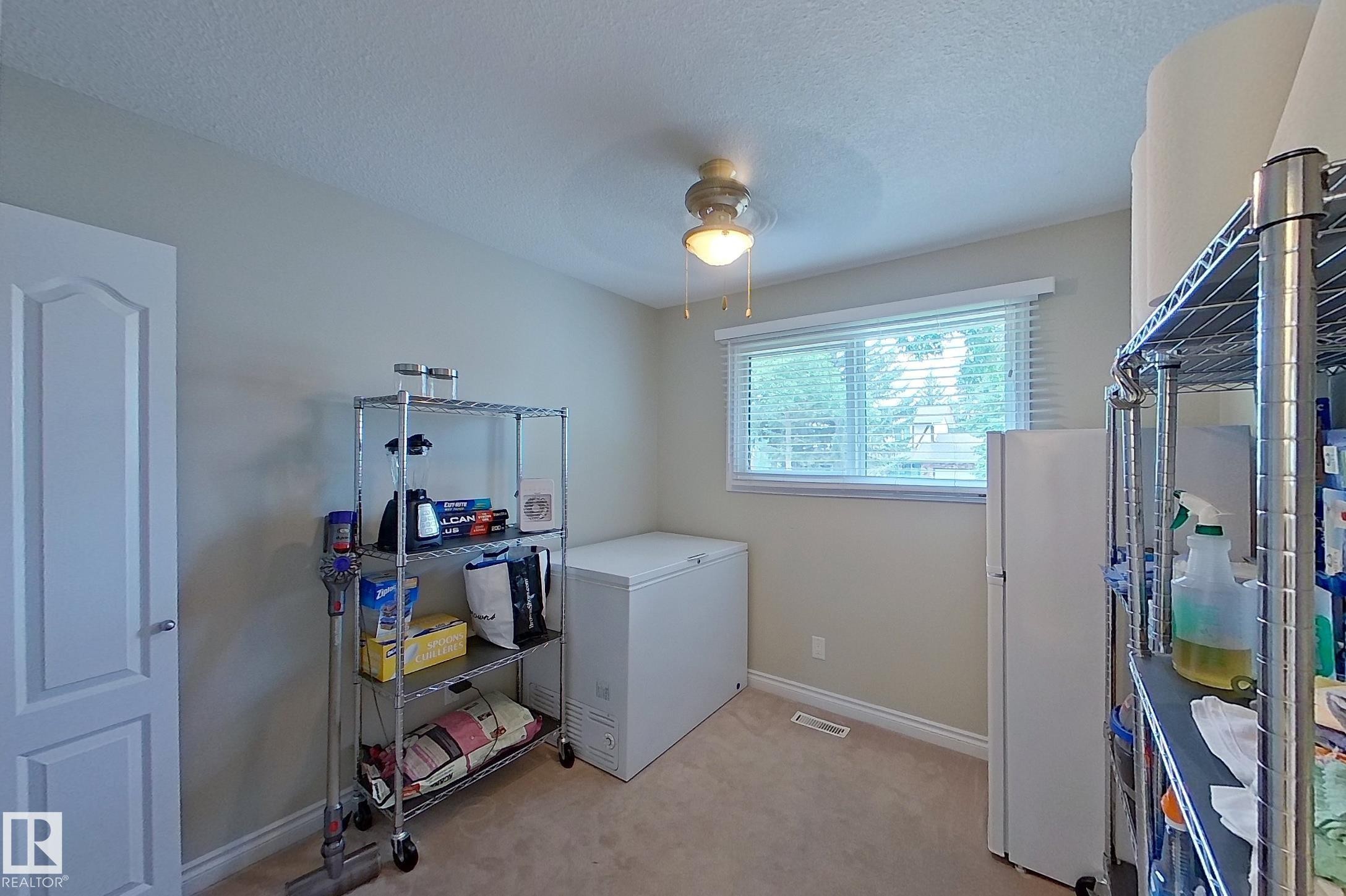 Utility room featuring carpeted flooring, a front-load washer/dryer unit, wire shelving with storage capacity, a ceiling-mounted light fixture, and large window allowing natural light - 14 Brunswick Crescent, St. Albert, AB