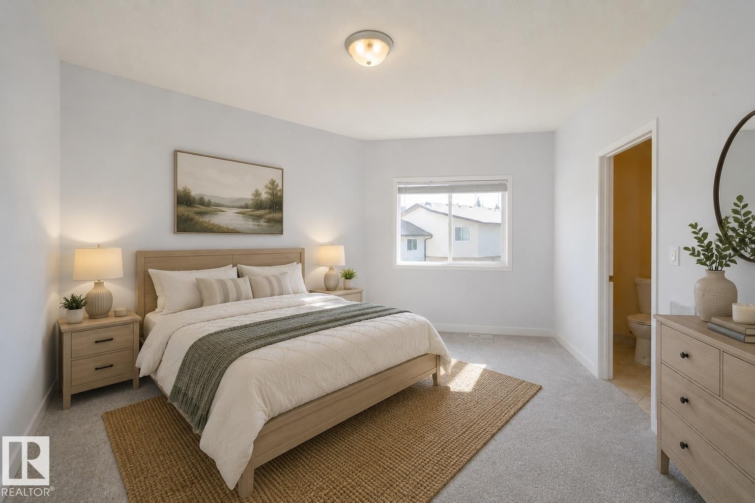 Light gray wall paint, recessed window, light wood-finish flooring, light gray carpet, interior door - #37 3811 85 St Nw, Edmonton, AB