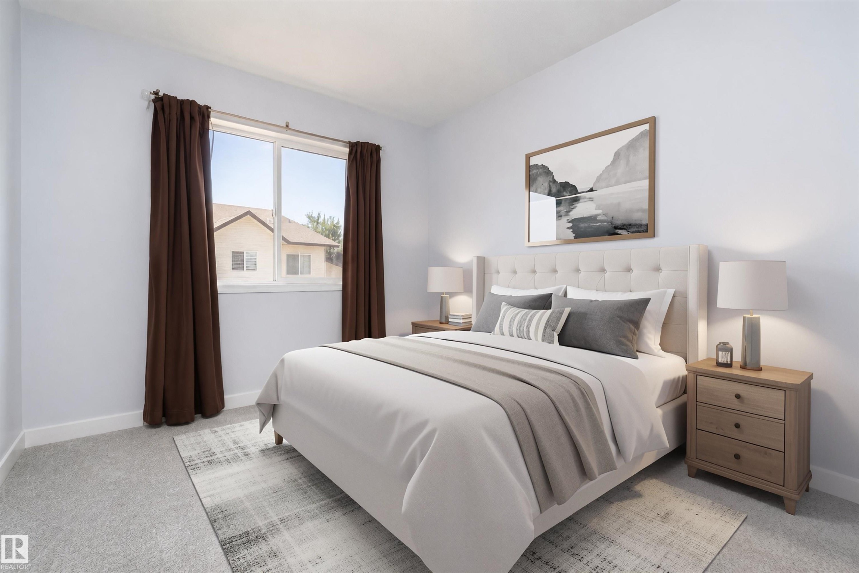 Recessed window with white trim, light gray wall paint, and gray carpet flooring - #37 3811 85 St Nw, Edmonton, AB