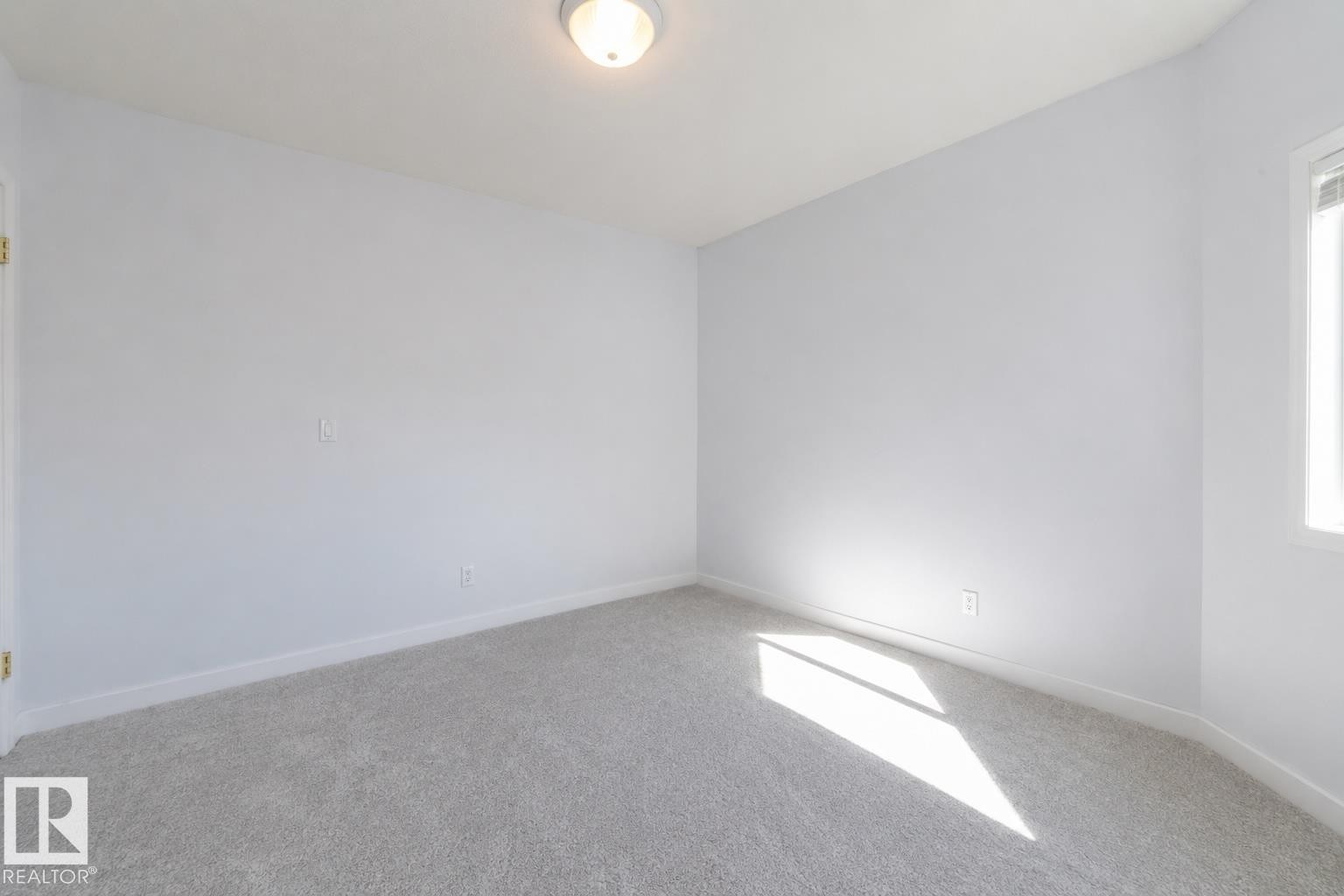 Neutral tone wall paint, light-colored carpeting, a window, and a ceiling-mounted light fixture - #37 3811 85 St Nw, Edmonton, AB