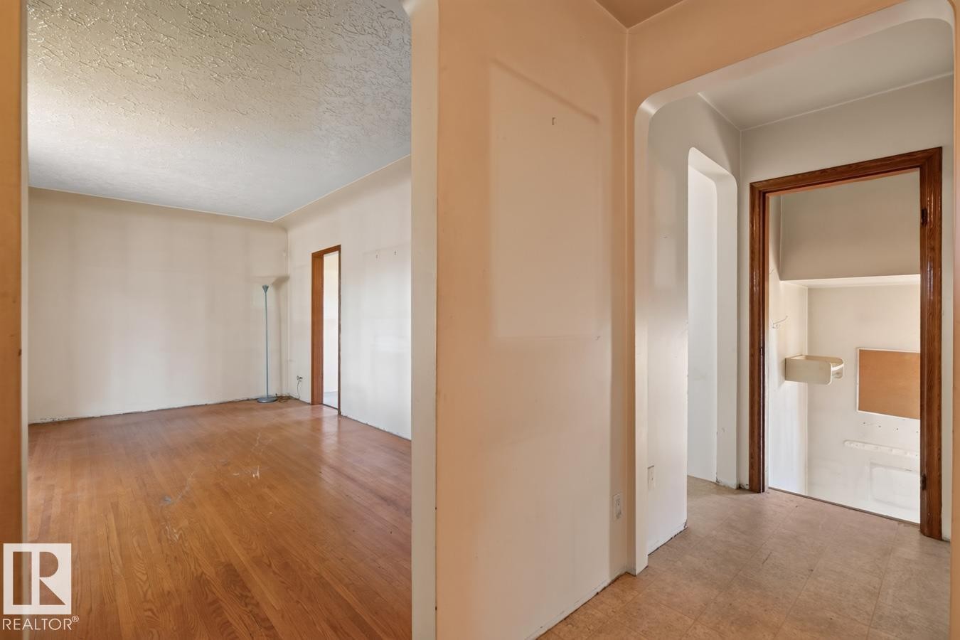 Hardwood flooring, arched doorway, exposed wood door frame, built-in wall shelf - 12309 128 Street Nw, Edmonton, AB