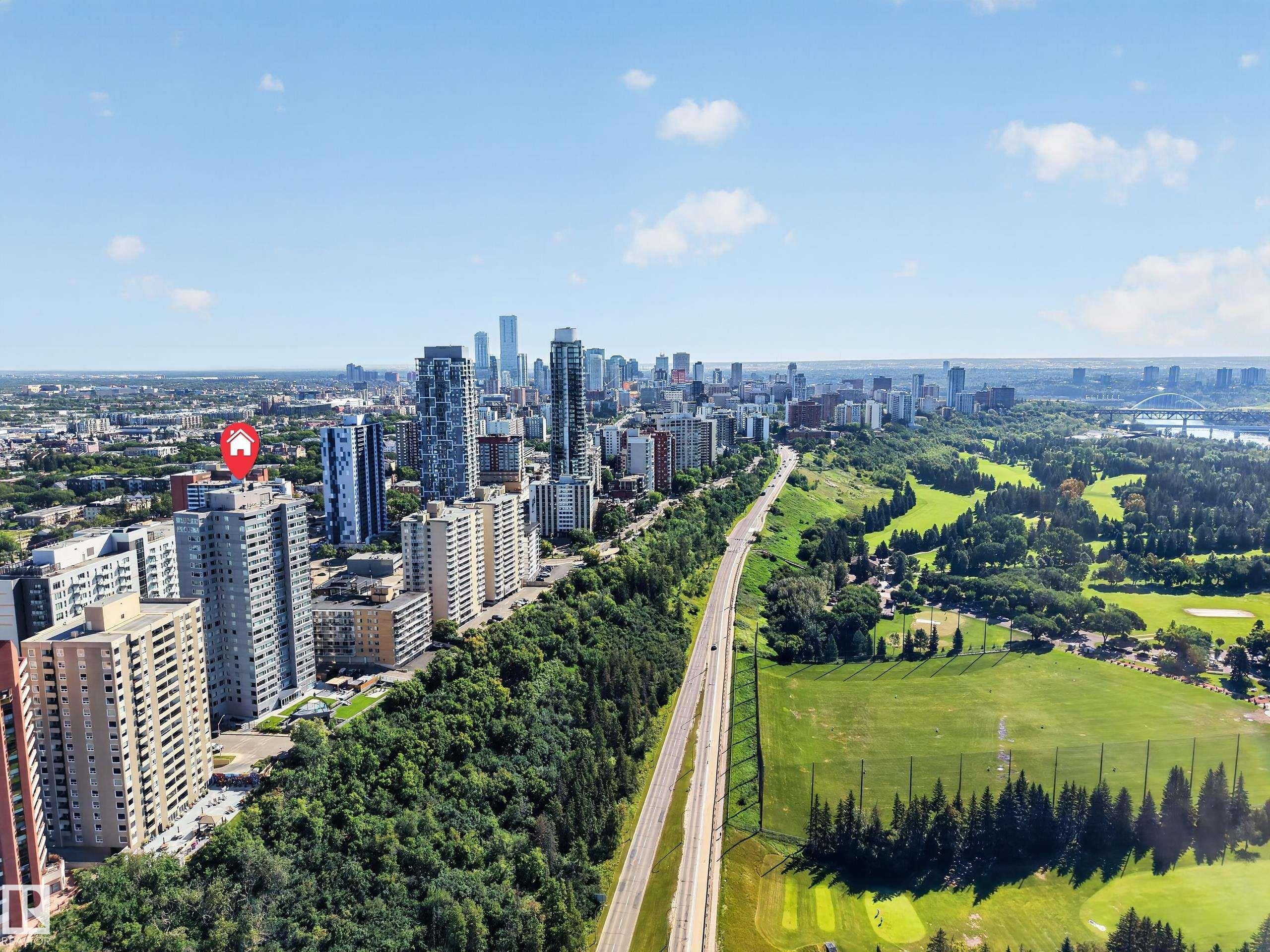 Aerial View of the surrounding area around the Condo Building. - #803 10011 123 St Nw, Edmonton, AB