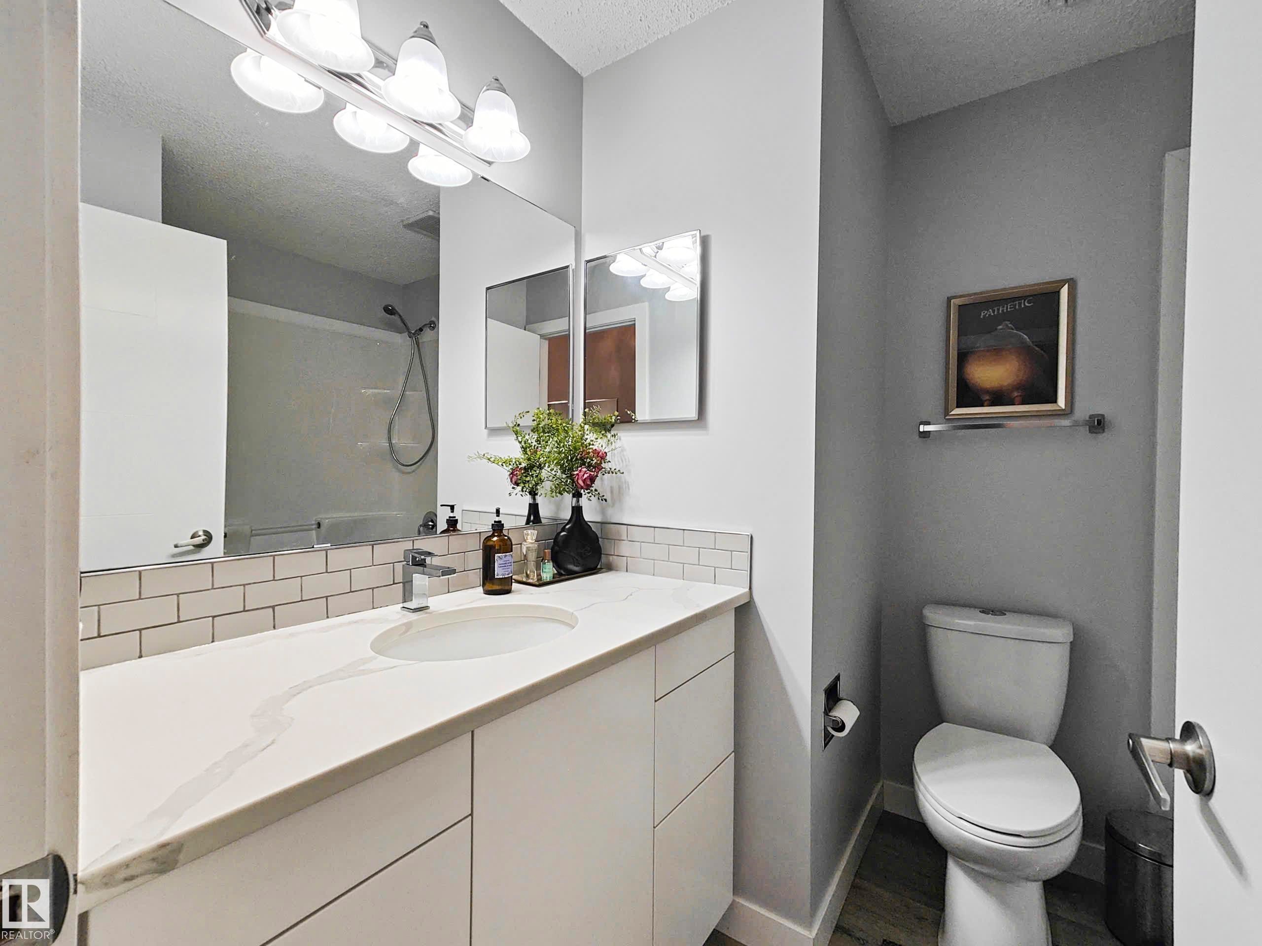 White vanity with a single basin sink and a stone-finish countertop - 215 Peter Close Nw, Edmonton, AB