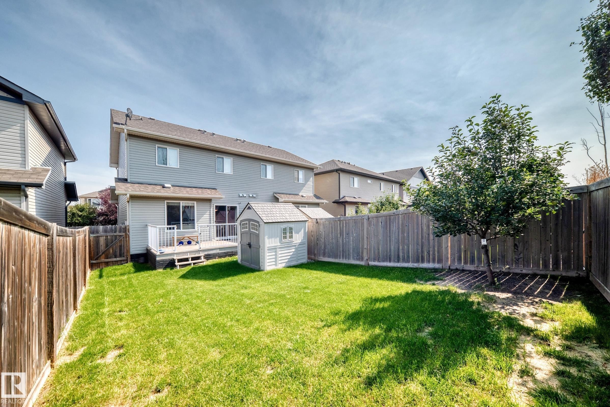 Expansive grassy yard with a wooden privacy fence, mature tree, and a storage shed - 16832 53 Street Nw, Edmonton, AB