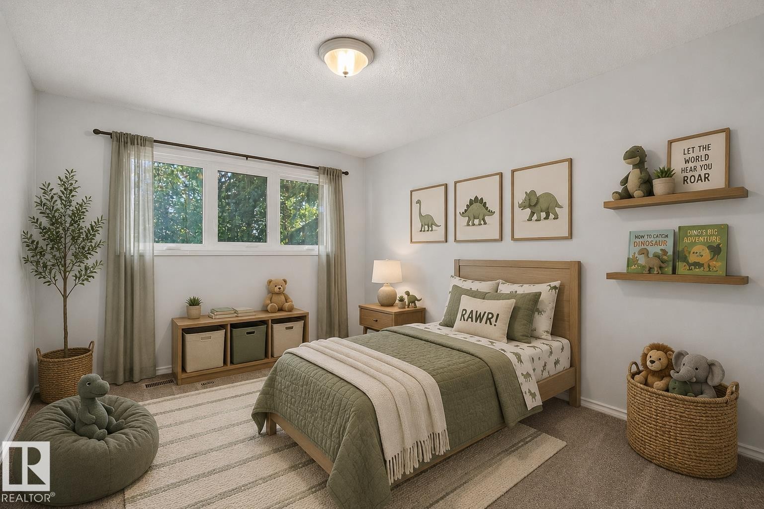 Recessed ceiling light fixture, light wood-finish bed frame, light wood-finish nightstand, light wood-finish storage bench, and wood-finish floating shelves - 16016 78A Avenue Nw, Edmonton, AB