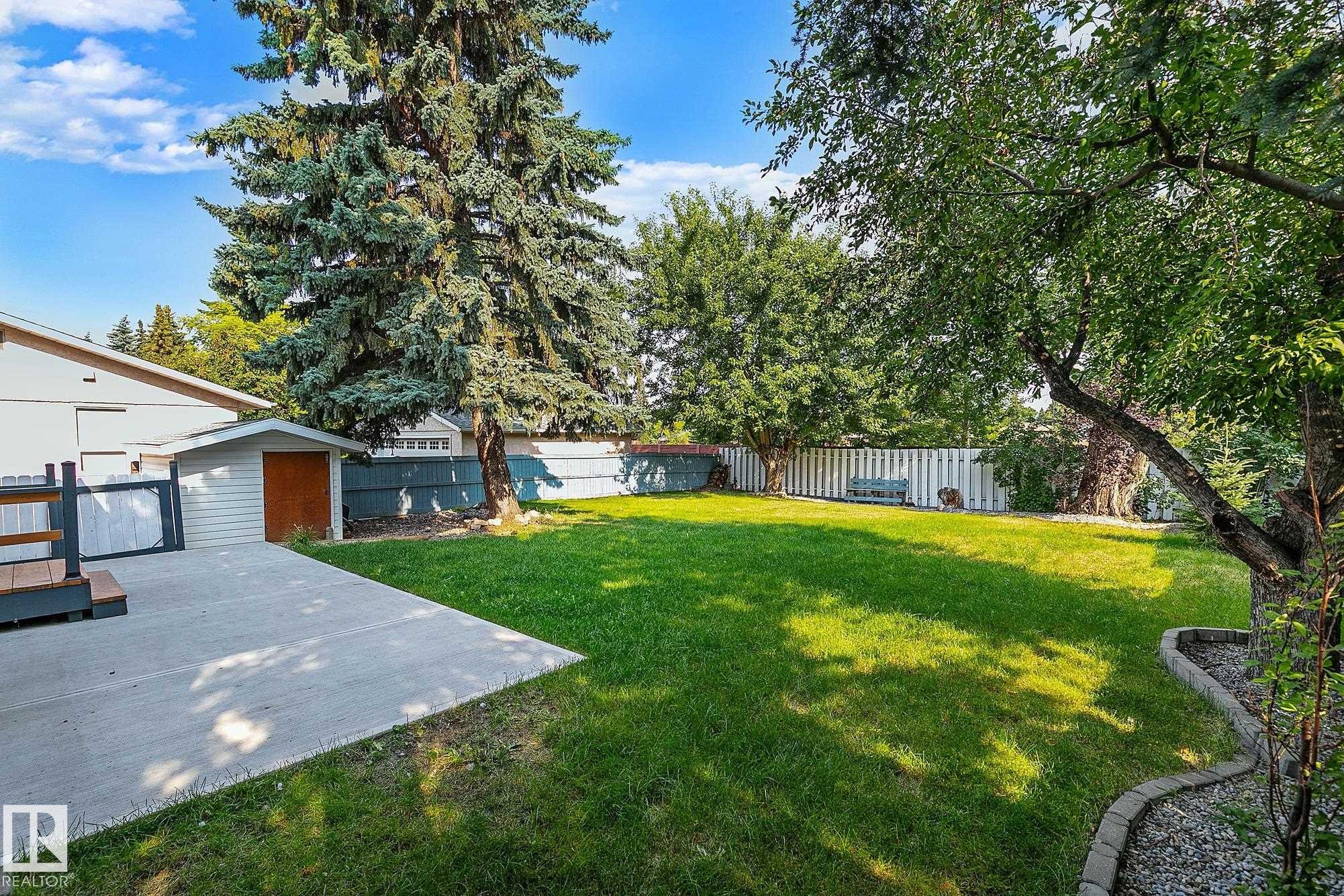 Expansive backyard featuring a concrete patio, a detached shed, manicured lawn, and mature trees - 16016 78A Avenue Nw, Edmonton, AB
