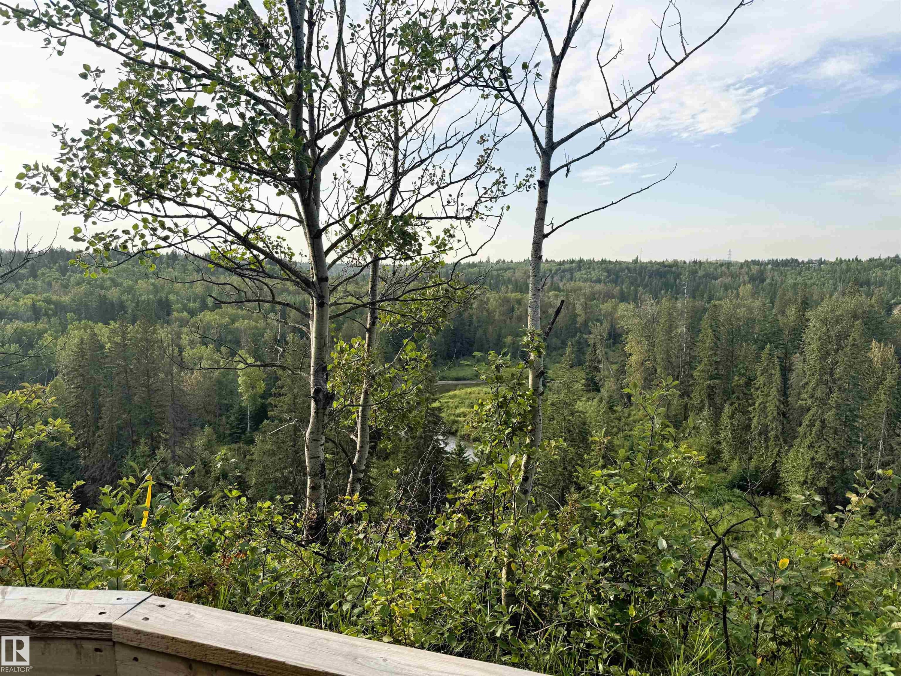Nearby Trails. Expansive natural landscape featuring lush forest, mature trees, and a distant body of water, bordered by a wood railing - #71 330 Bulyea Rd Nw, Edmonton, AB