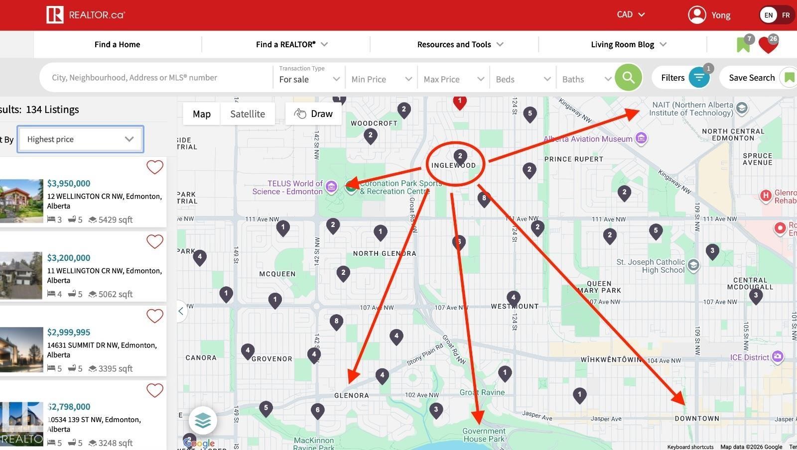 Real Estate Listing Interface. Displaying property listings on a map with search criteria and results panel - 11730 125 Street Nw, Edmonton, AB