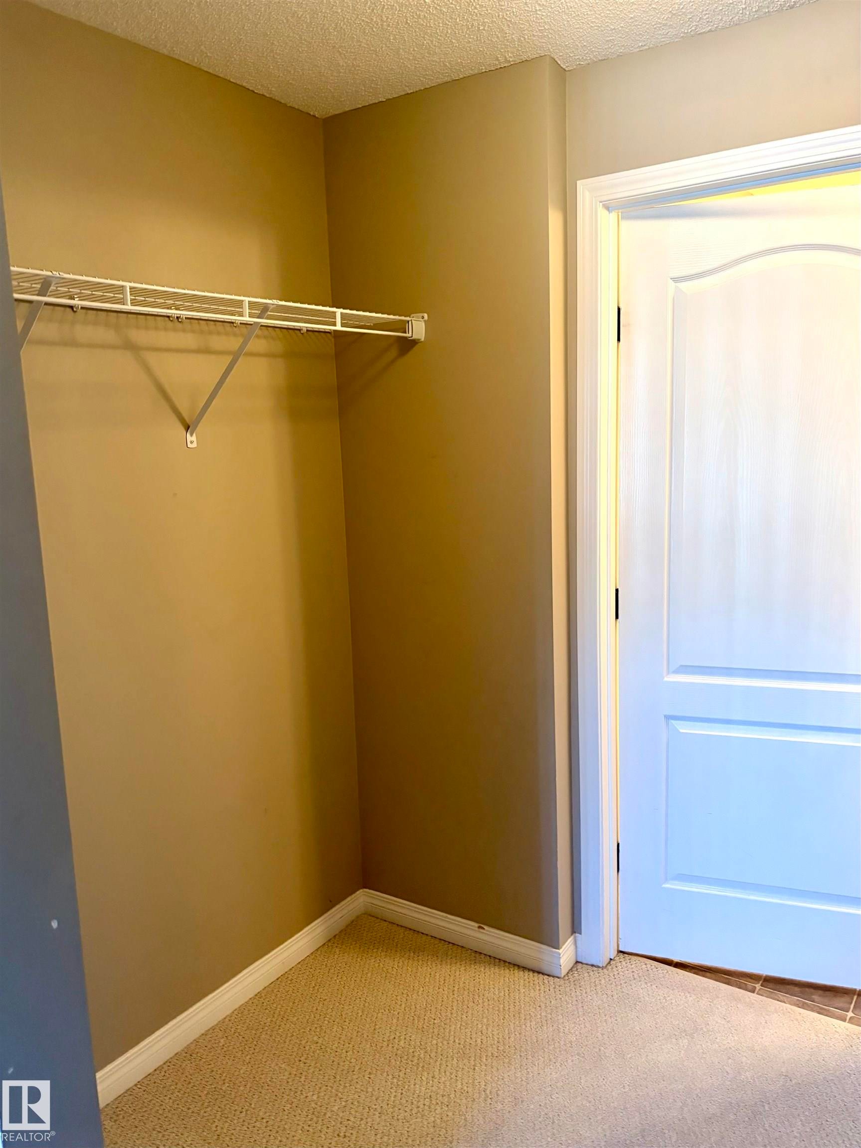 Neutral tone wall finish, white wire shelving, light-toned carpeting, white trim, and a paneled interior door - #1304 9363 Simpson Dr Nw, Edmonton, AB