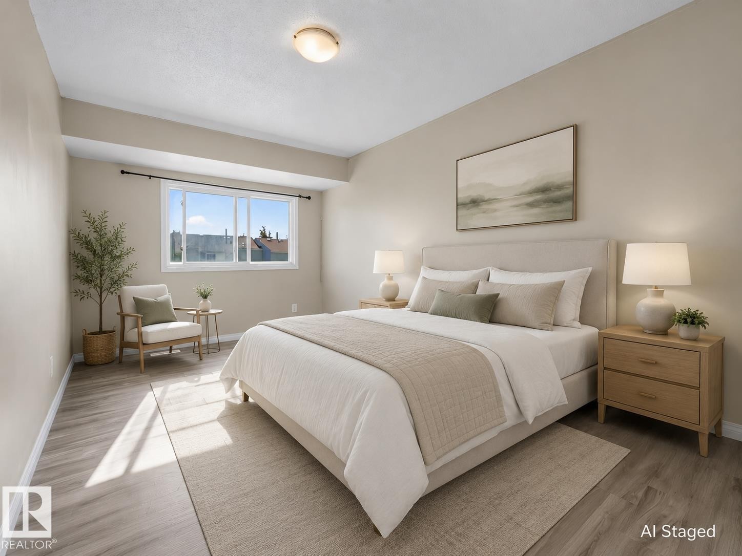Neutral wall tones, wood-finish flooring, and a large window with white trim - 141 Dickinsfield Court Nw, Edmonton, AB