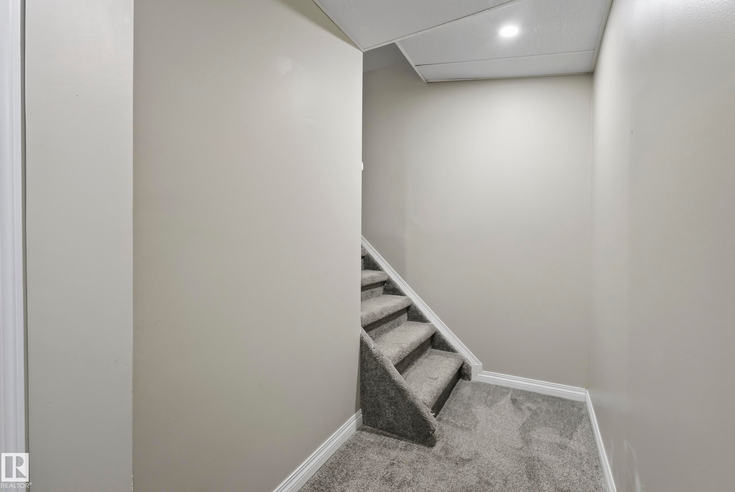 Carpeted staircase with white trim and a recessed ceiling light - 141 Dickinsfield Court Nw, Edmonton, AB