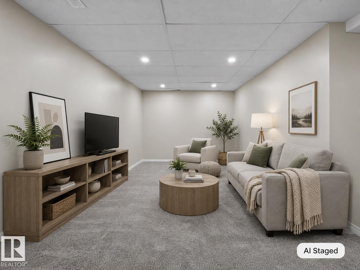 Recessed lighting illuminates the space, featuring neutral wall tones and soft carpeting - 141 Dickinsfield Court Nw, Edmonton, AB